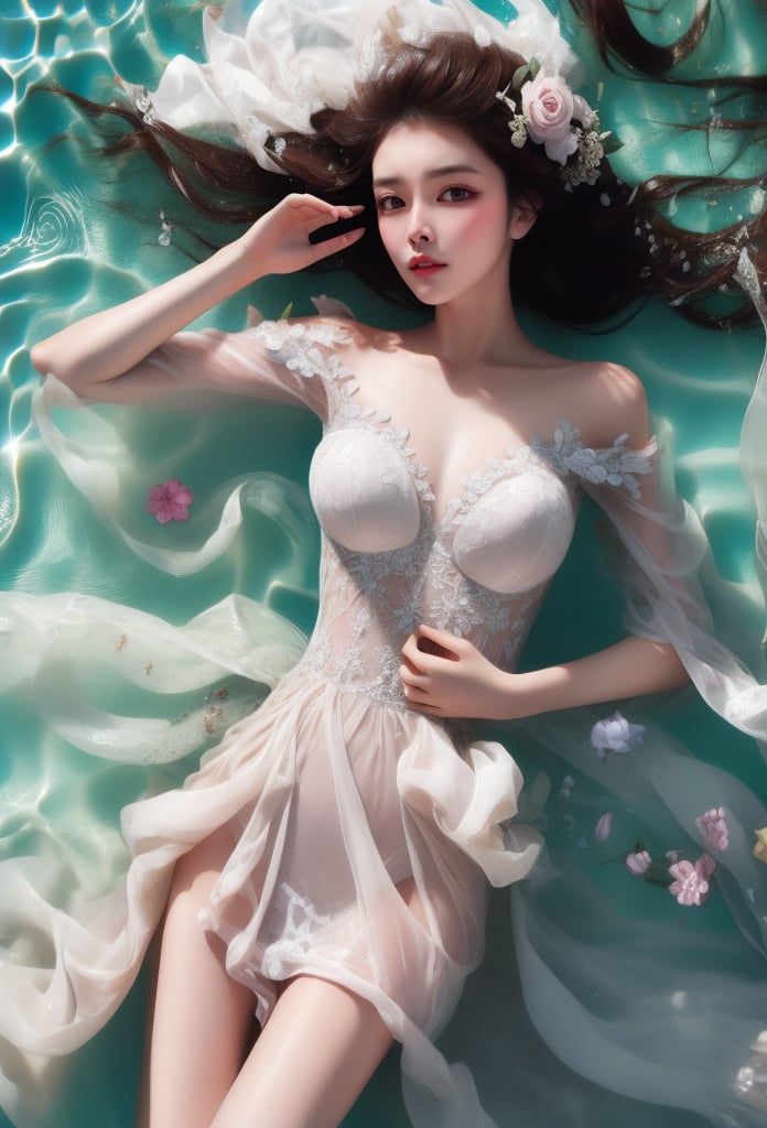 1 beautiful lady lying in water with romentic style, her body is wet, she wears bridal dress, see-through, (with head), wet hair, her hair is flowing in the water, from above, upper body, look at viewer, (solo), masterpieces, best quality, high resolution, bright scene, soft color, low contrast, (water ripples:1.1), water sparkling, 