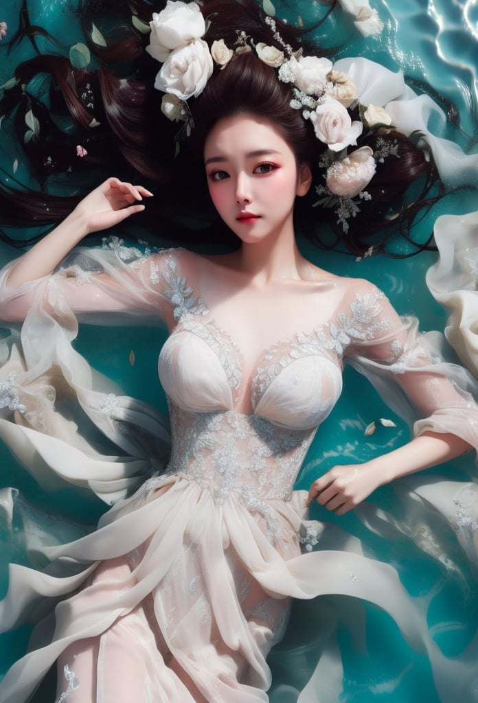 1 beautiful lady lying in water with romentic style, her body is wet, she wears bridal dress, see-through, (with head), her hair is flowing in the water, from above, upper body, look at viewer, (solo), masterpieces, best quality, high resolution, bright scene, soft color, low contrast, (water ripples:1.1), water sparkling, 