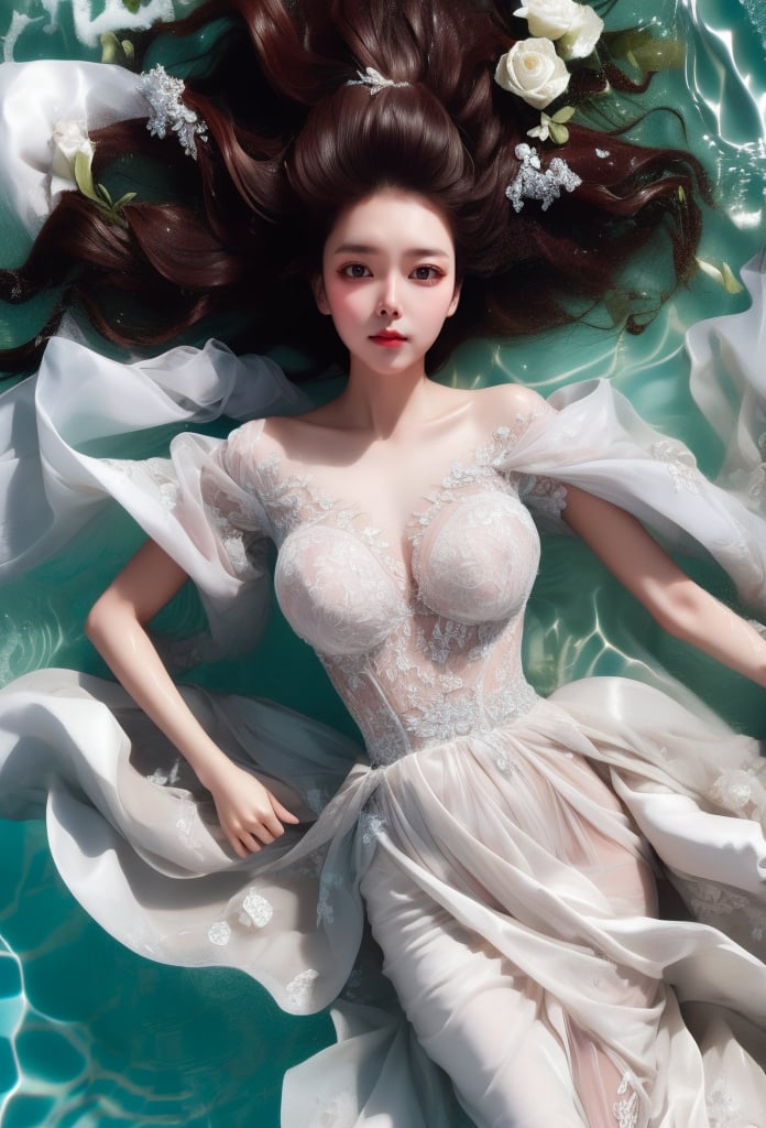 1 beautiful lady lying in water with romentic style, her body is wet, she wears bridal dress, see-through, (with head), her hair is flowing in the water, from above, upper body, look at viewer, (solo), masterpieces, best quality, high resolution, bright scene, soft color, low contrast, (water ripples:1.1), water sparkling, 