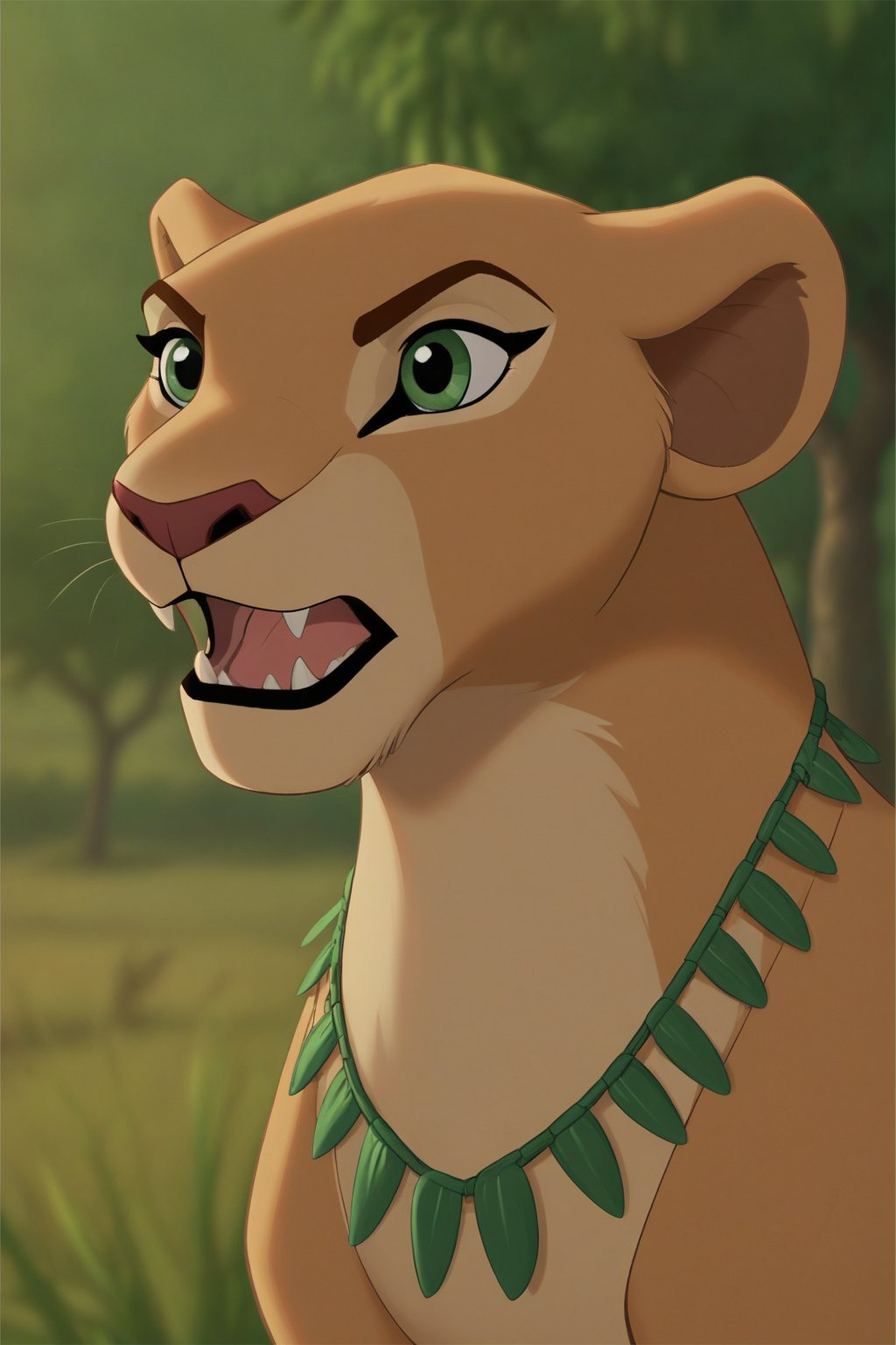 score_9, score_8_up, score_7_up, score_6_up, score_5_up, score_4_up, (bright diffused lighting, vivid, intense, intricate details, highly detailed:1.2),
BREAK,
Nala, female, furry, tribal dress, beige fur, green eyes, snarl, open mouth, savanna, detailed background, more detail XL