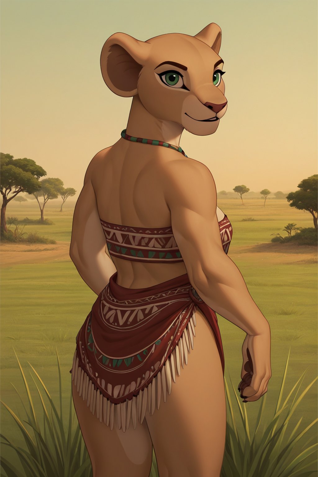 score_9, score_8_up, score_7_up, score_6_up, score_5_up, score_4_up, (bright diffused lighting, vivid, intense, intricate details, highly detailed:1.2),
BREAK,
Nala, female, furry, looking at viewer, tribal dress, beige fur, green eyes, savanna, detailed background, more detail XL