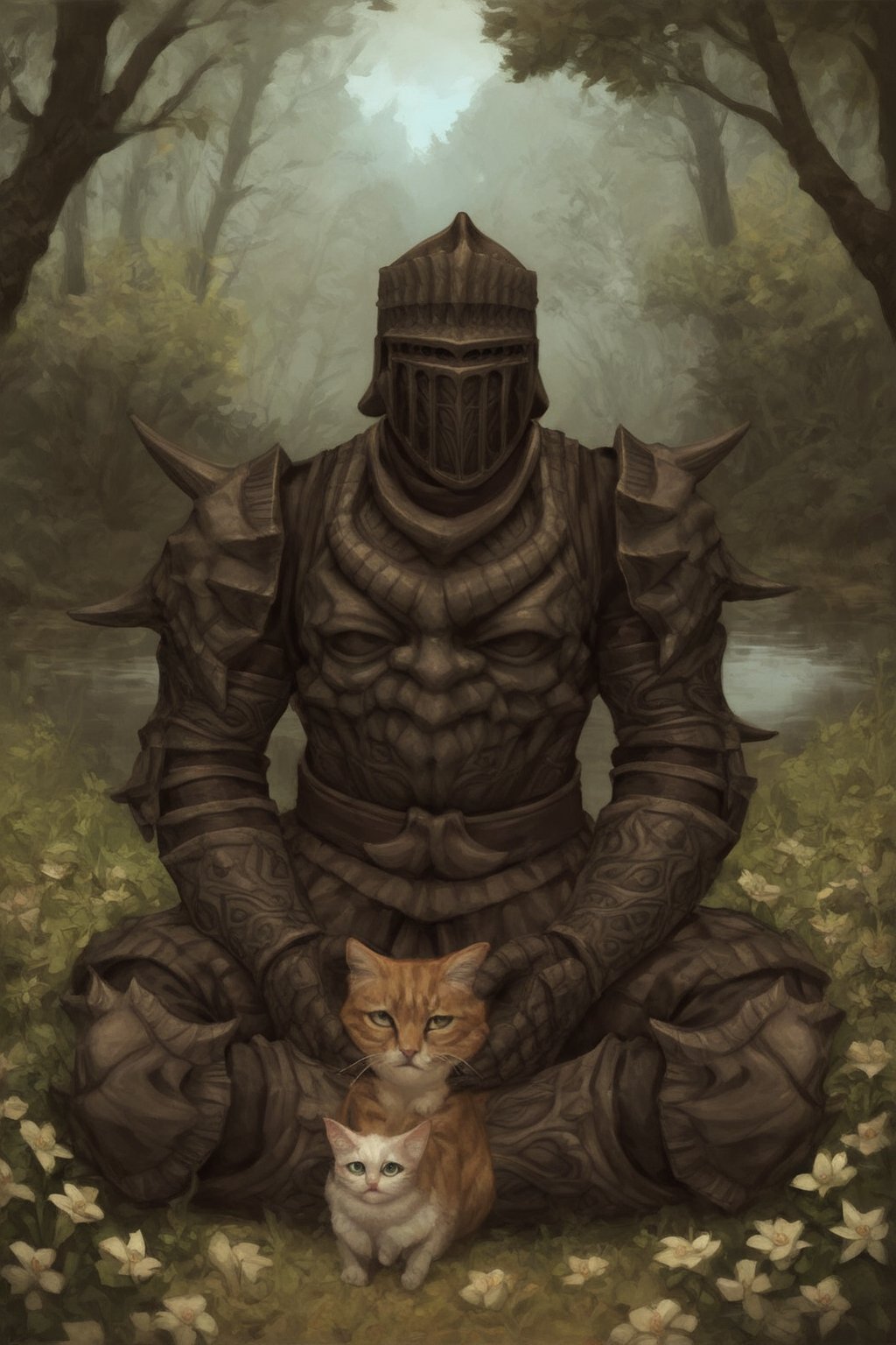 score_9, score_8, score_7, score_8_up, 1boy\(human, tall, wearing full madness armor and helmet\) , holding a cat, sitting and relaxing at the lakeside, day, lake, forest, flowers