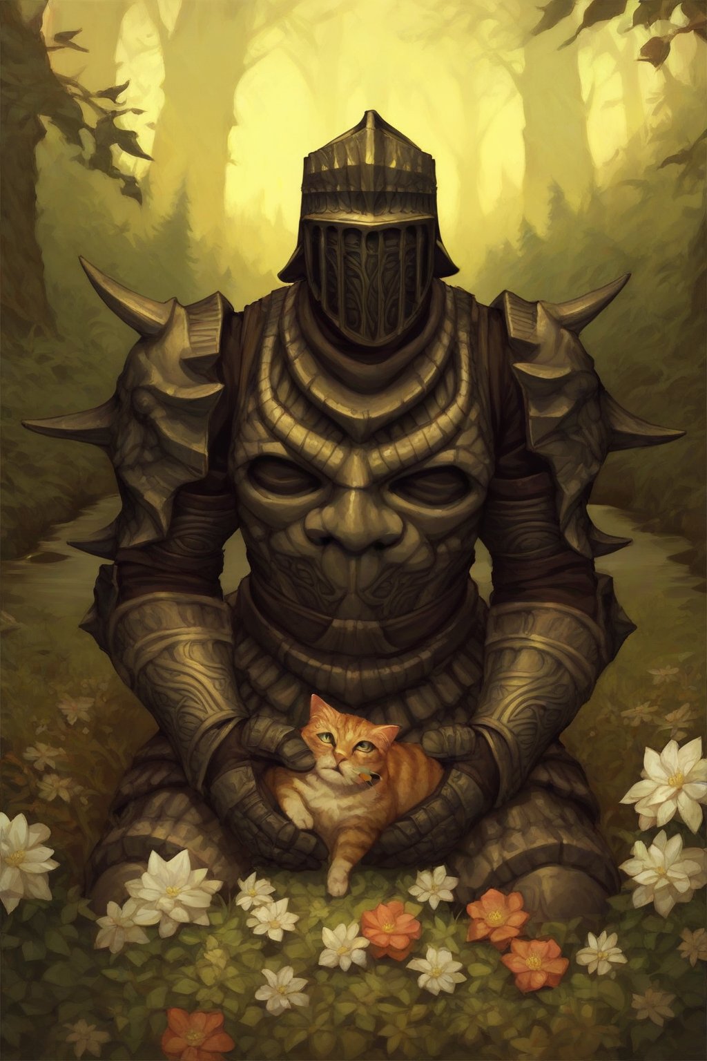 score_9, score_8, score_7, score_8_up, 1boy\(human, tall, wearing full madness armor and helmet\) , holding a cat, sitting and relaxing at the lakeside, day, lake, forest, flowers