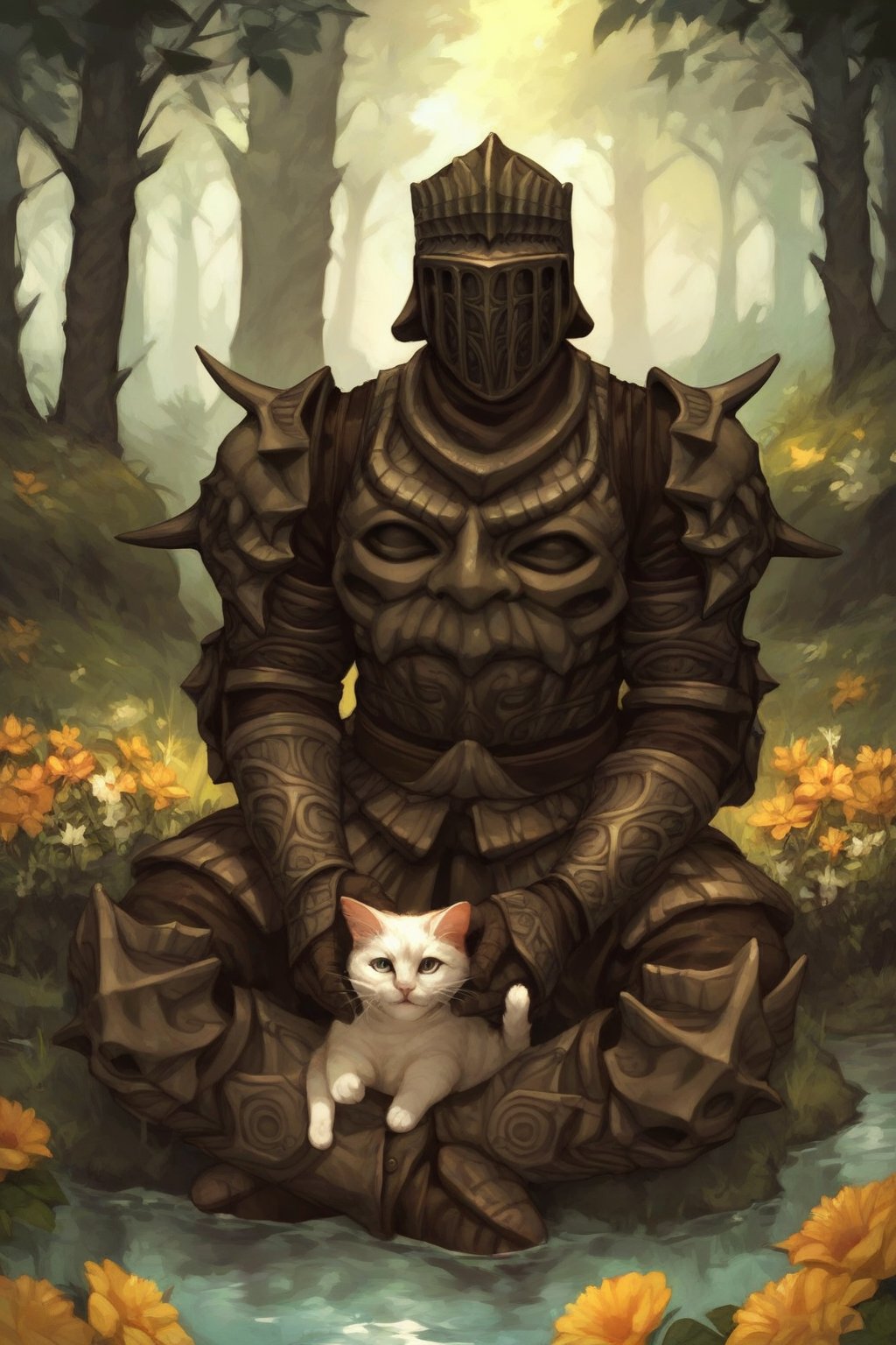 score_9, score_8, score_7, score_8_up, 1boy\(human, tall, wearing full madness armor and helmet\) , holding a cat, sitting and relaxing at the lakeside, day, lake, forest, flowers