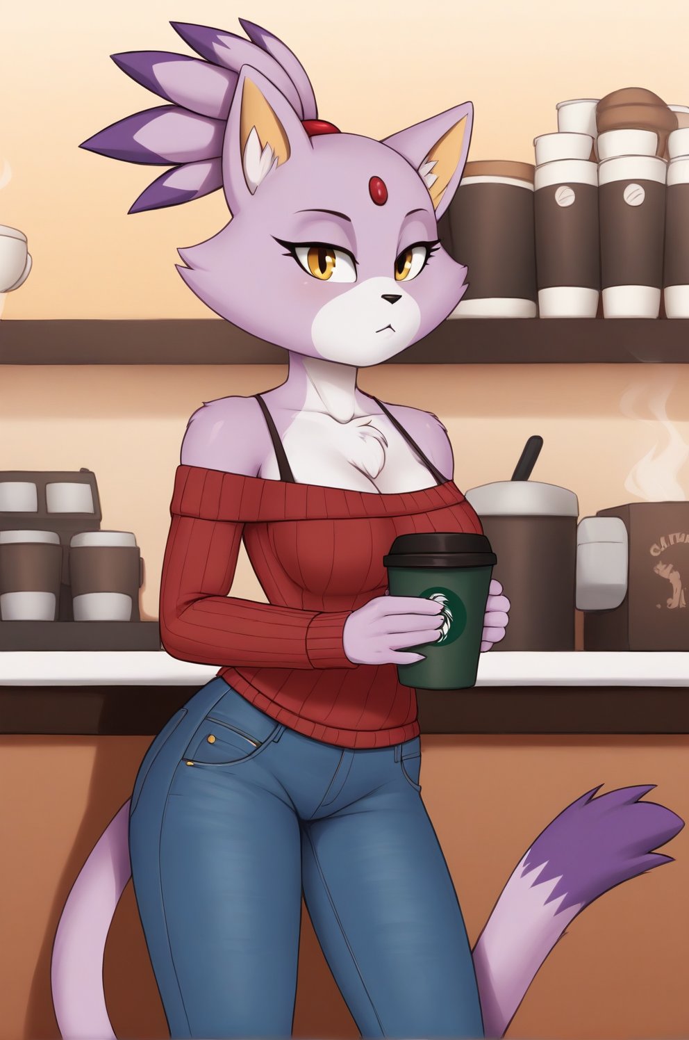  off shoulder sweater and jeans,coffee shop backround, masterpiece, long_legs, bigger_female, solo_female,BlazeXL,furry female, blaze_the_cat,