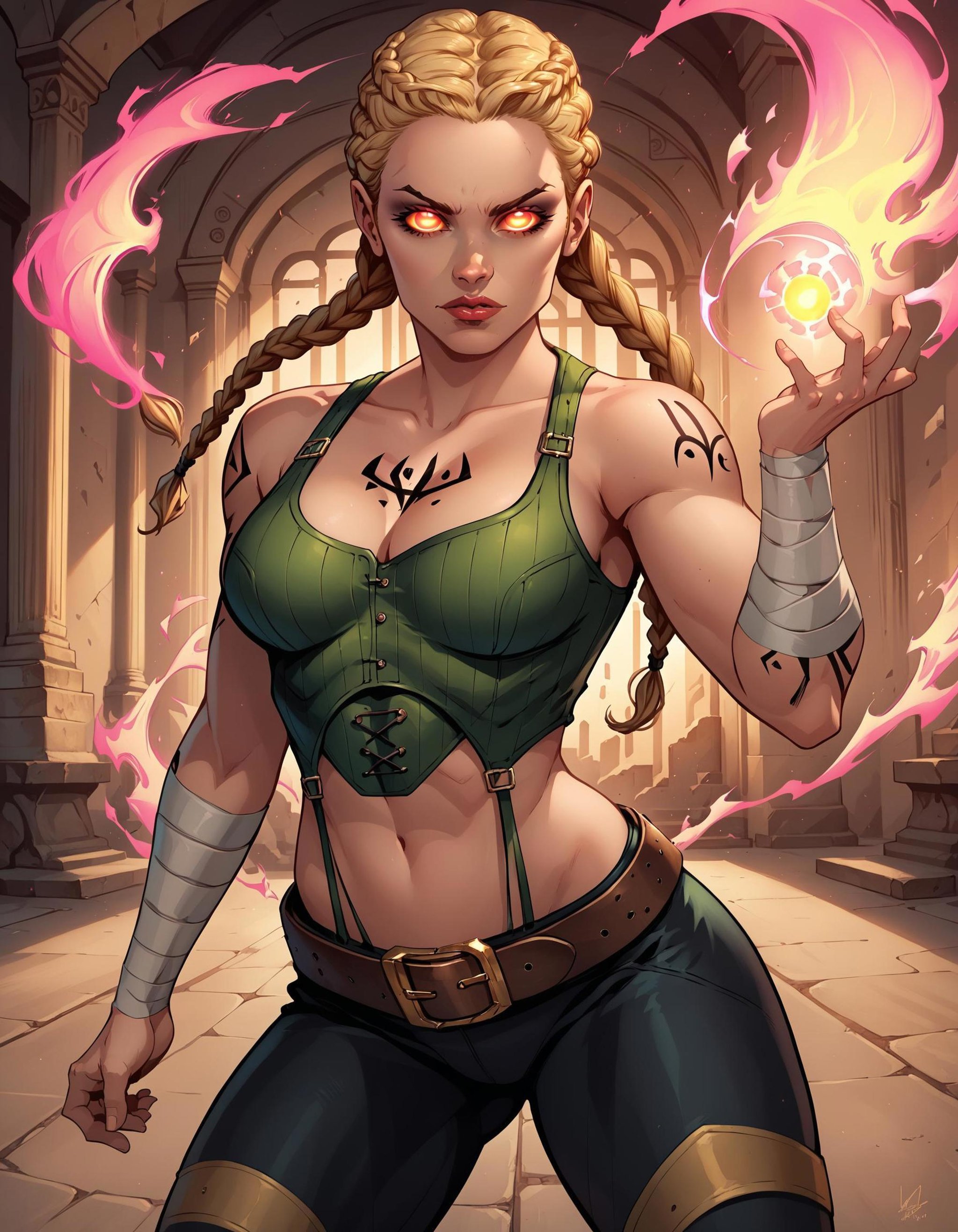 score_9, score_8_up, score_7_up, BREAK gr3t3lgrimm, solo, long hair, blonde hair, twin braids, glowing eyes, green crop top, black pants, belt, bandaged arm, arm tattoo, chest tattoo, standing, dynamic pose, aura, facing viewer, looking at viewer, indoors, temple, <lora:gr3t3lgrimm:0.8>