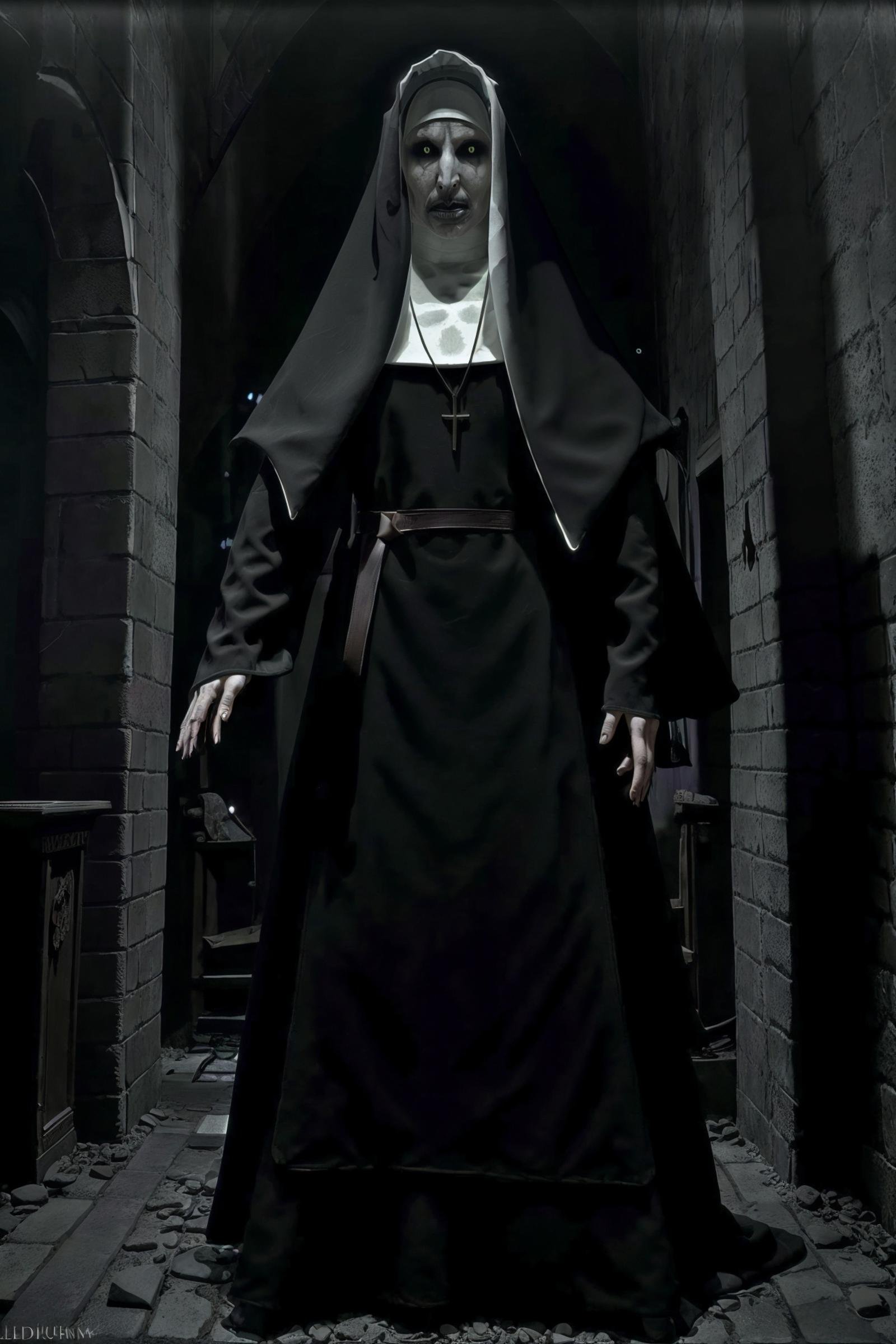 (best quality:1.2), (detailed:1.2), valak standing inside a gothic church, full body, looking at viewer, stunning environment, dark atmosphere, candles, chandeliers on ceiling, stained glass windows, photon mapping, radiosity, 8k, subsurface scattering, uhd, hdr, absurdres, dim lighting, darkness, ominous atmosphere, <lora:valak:1>, <lora:epiNoiseoffset_v2-pynoise:0.4>