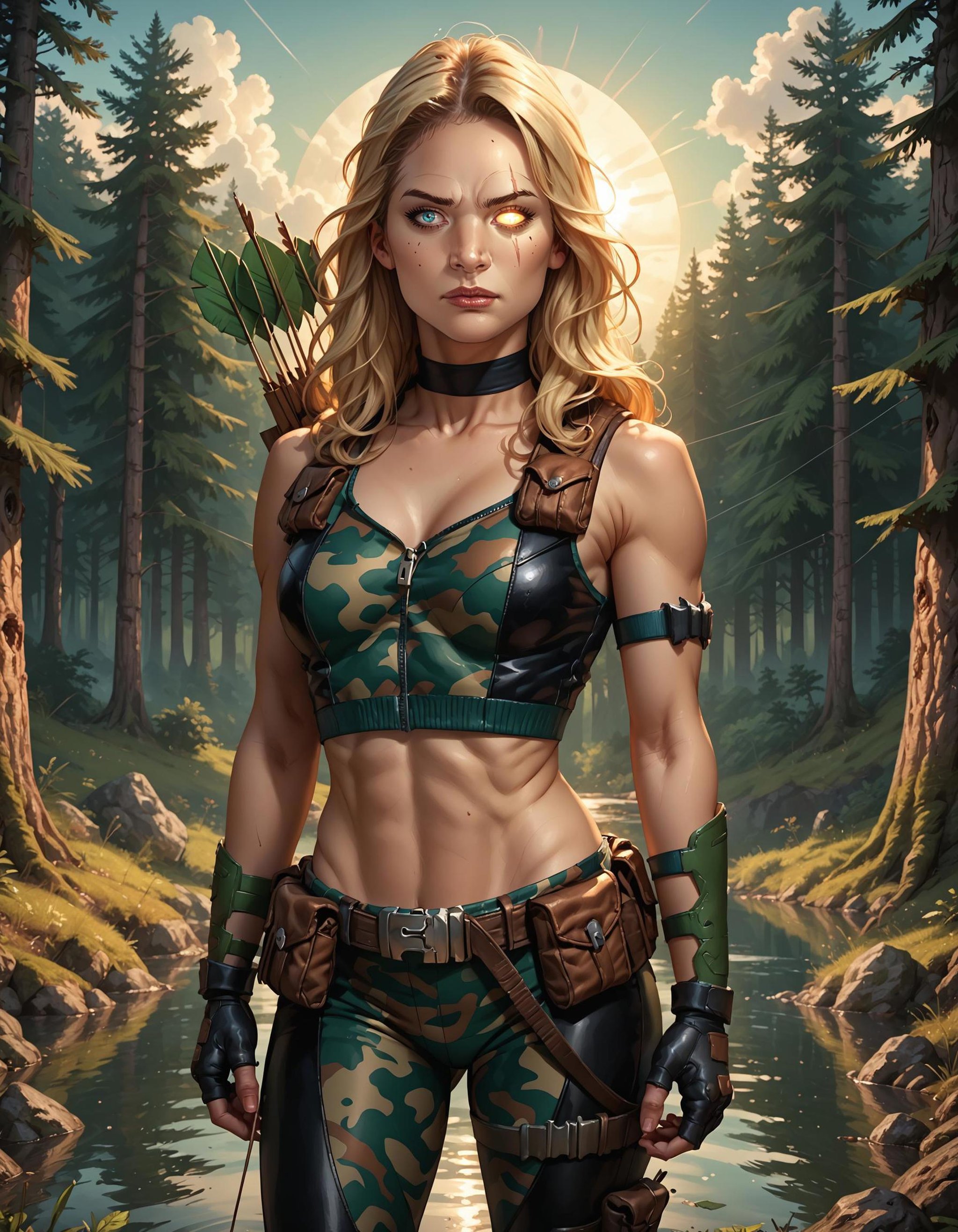 score_9, score_8_up, score_7_up, score_6_up, score_5_up, score_4_up, r08ynhood, solo, long hair, blonde hair, blue eyes, scar across eye, glowing eye, crop top, fingerless gloves, belt, pouch, quiver, zipper, camo clothing, camouflage pants, vambraces, choker,  arrow \(projectile\), facing viewer, looking at viewer, detailed face, outdoors, forest, nature, day, sky, sun, <lora:r08ynhoodponyxl:0.8>