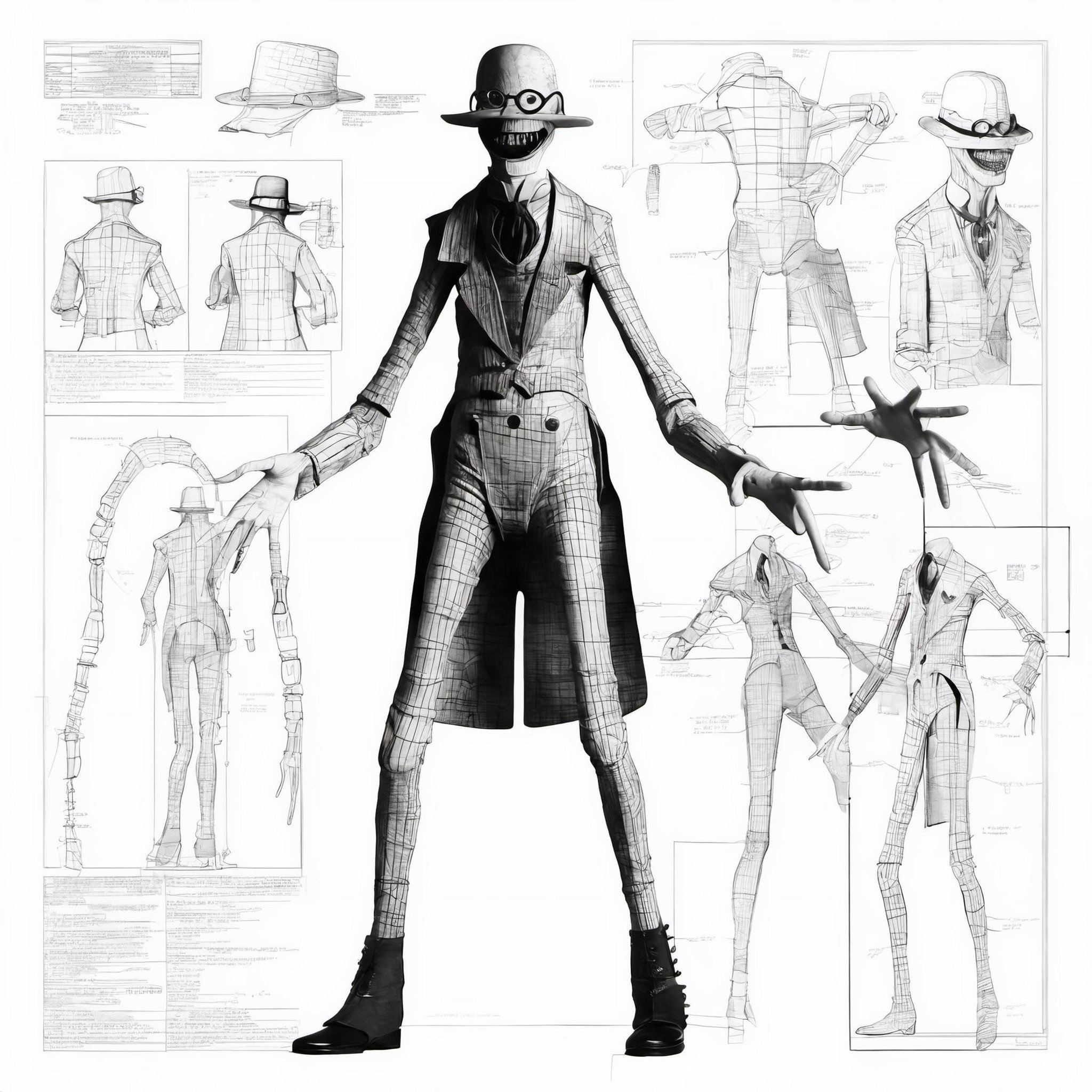 Blueprint Schematic Drawing, crookedman wearing a hat, technical drawing, blueprint, schematic, black and white, <lora:crookedman:0.8>