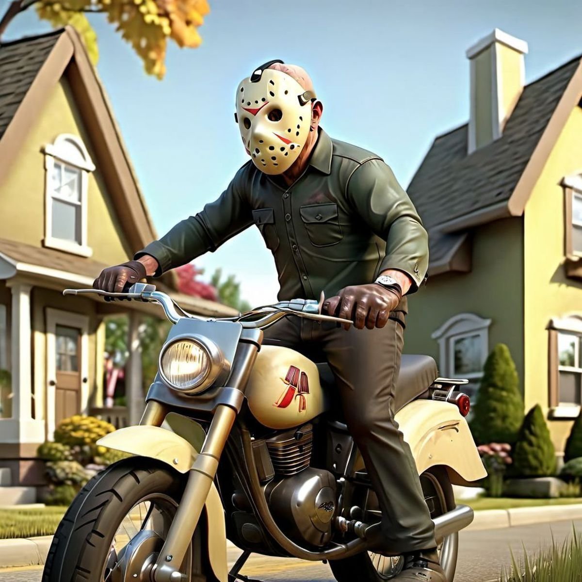 3D cinematic film.(caricature:0.2). 4k, highly detailed, jasonvoorhees riding a bike on a suburban area, road, houses, trees, vivid colors, <lora:jasonvoorhees:0.8>