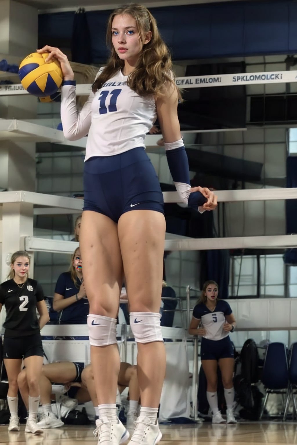 19 year old swedish girls, volleyball girls , very tall , big blue eyes, cute face,, blonde hair , tall girl , athletic body , strong physique , full body shot , volleyball uniform ,  , at volleyball practice , , realistic, masterpiece ,photorealistic,