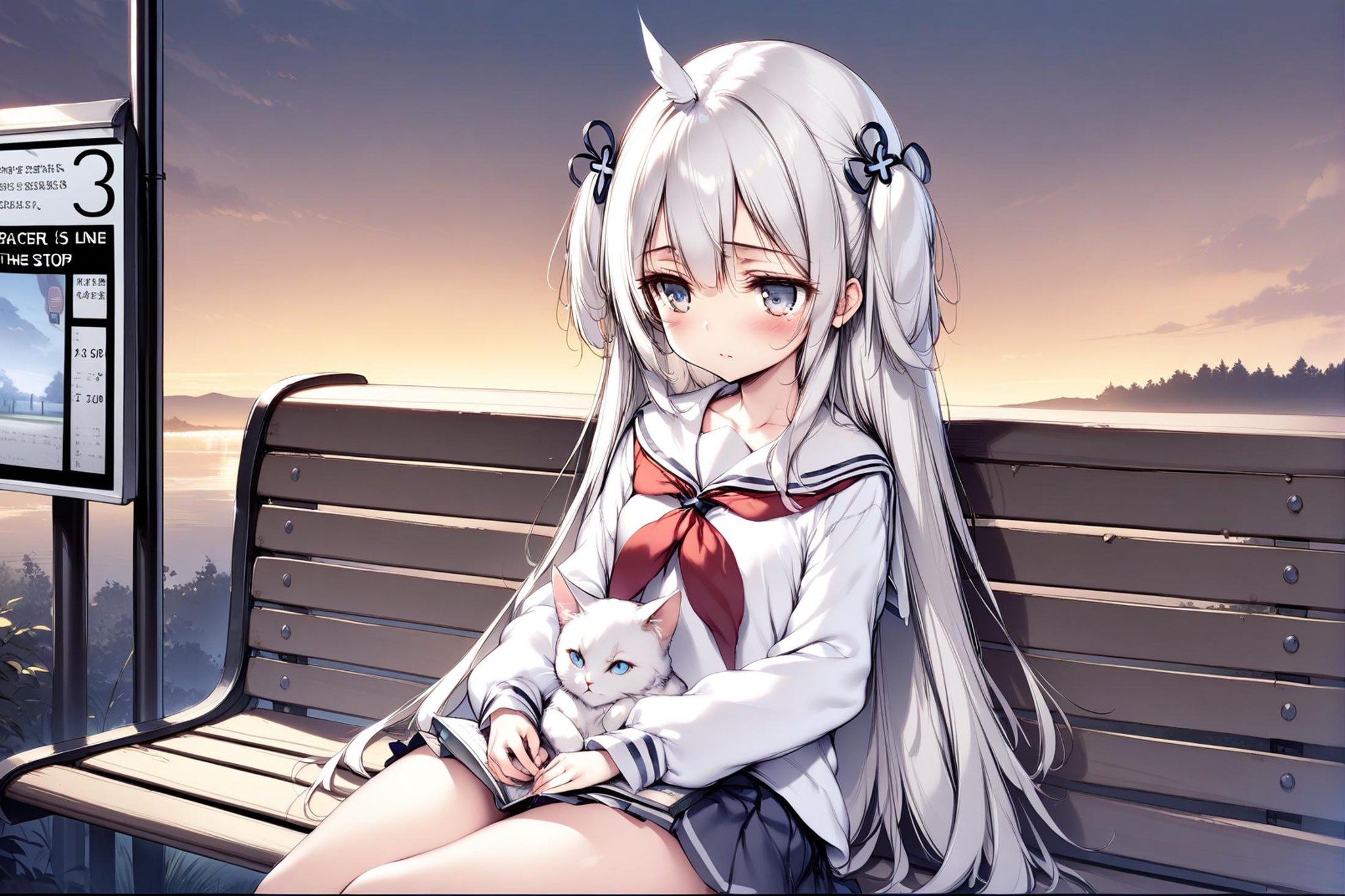 <lora:umikaze_XL_v1.0:0.8>,umikaze_\(azur_lane\), two_side_up,blue eyes,white hair, bus stop,a cat on the lap,low viewer,white serafuku,red neckerchief,pleated skirt, looking at another,by ke-ta,black theme,high contrast,bench, solo,bored,the character is on the right side of the screen,dusk, outdoors,perspective, masterpiece, best quality,  very aesthetic, absurdres,