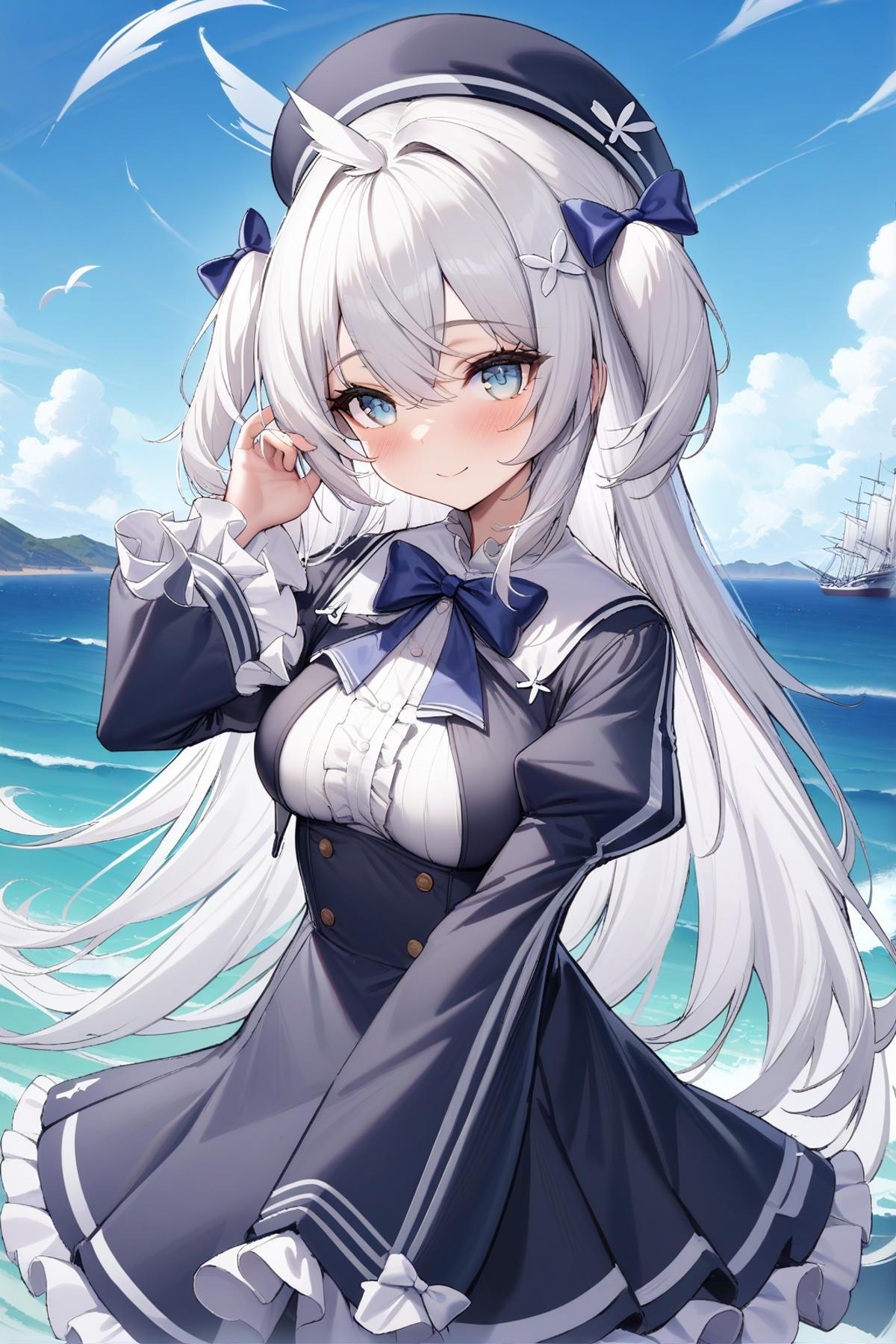 <lora:umikaze_XL_v1.0:0.8>,umikaze_\(azur_lane\), two_side_up,blue eyes,white hair,puffy_sleeves,frilled_sleeves ,beret,hair_bow, bowtie, frilled_dress, outdoors, smile, looking at viewer, adjusting hair,wind,, masterpiece, best quality,  very aesthetic, absurdres,