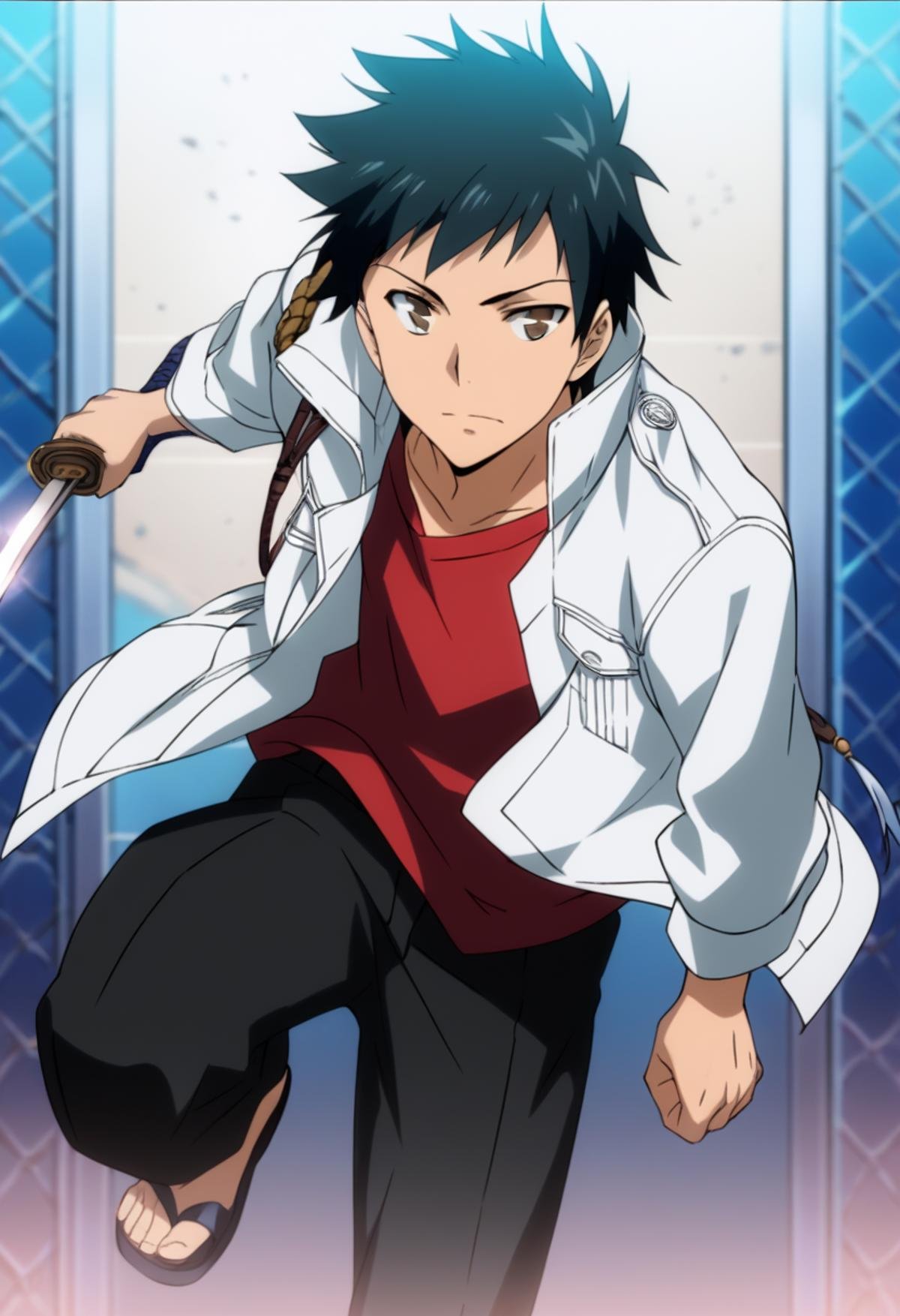 score_9, score_8_up, score_7_up, score_6_up, highly detailed, masterpiece, best quality,detailed,intricate details, amazing quality, best aesthetic, absurdres,source_anime, ,takeshi yamamoto, black hair, brown eyes, 1boy, weapon, sword, male focus, solo, shirt, holding weapon, katana, white jacket, red shirt, sandals, black pants, jewelry, closed jacket<lora:EMS-391483-EMS:1.000000>