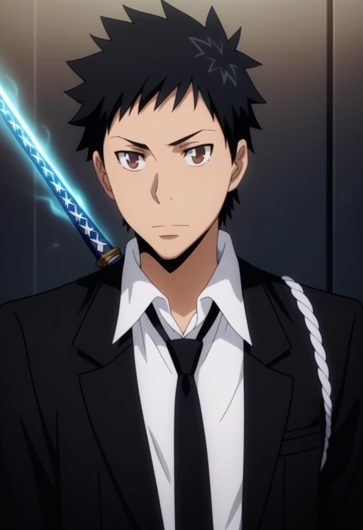 score_9, score_8_up, score_7_up, score_6_up, highly detailed, masterpiece, best quality,detailed,intricate details, amazing quality, best aesthetic, absurdres, takeshi yamamoto, black hair, brown eyes, 1boy, solo, male focus, formal, black suit, weapon, necktie, sword, blue flames<lora:EMS-391483-EMS:1.000000>