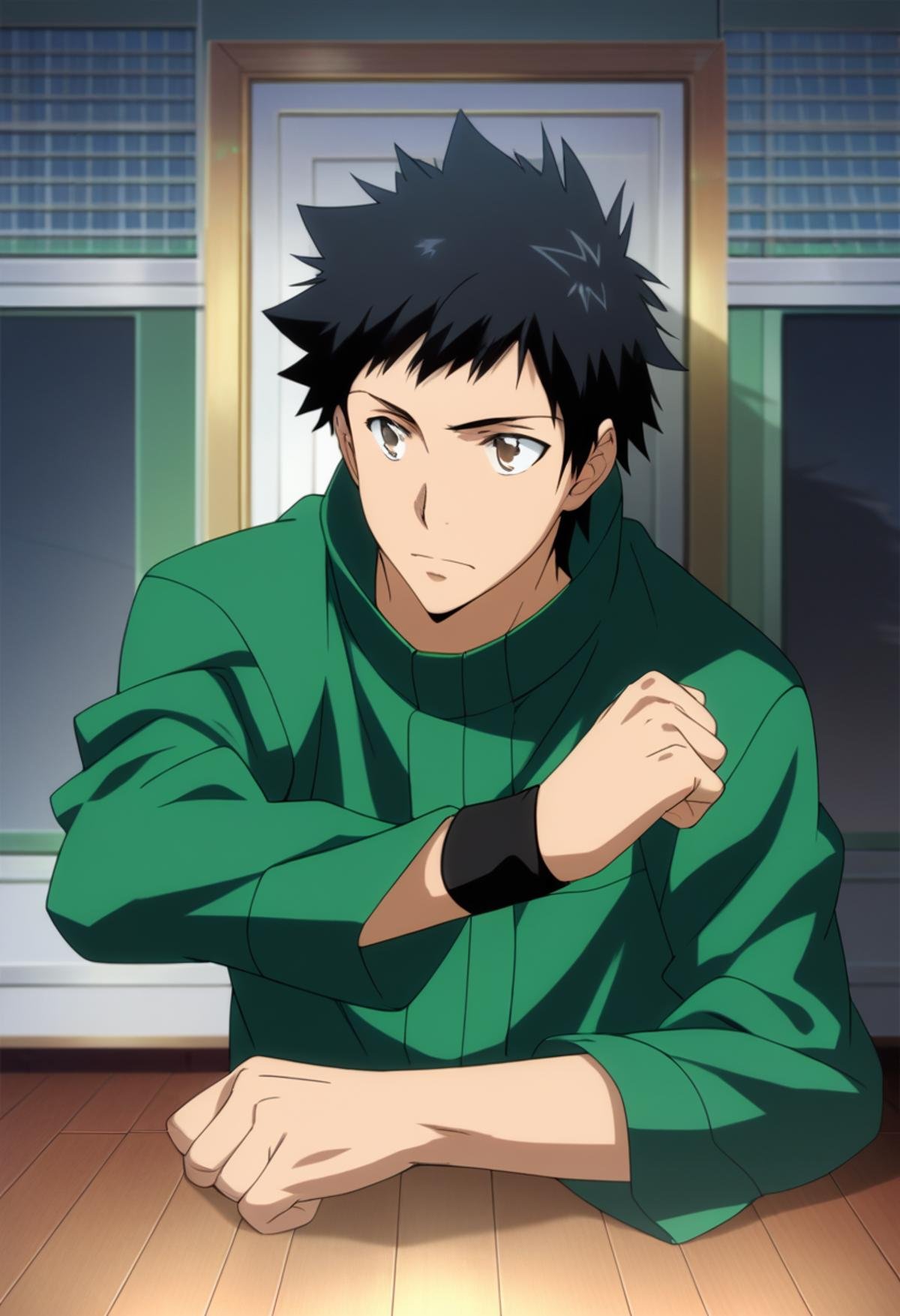 score_9, score_8_up, score_7_up, score_6_up, highly detailed, masterpiece, best quality,detailed,intricate details, amazing quality, best aesthetic, absurdres,source_anime, takeshi yamamoto, black hair, brown eyes, 1boy, solo, male focus,wristband, green jacket<lora:EMS-391483-EMS:1.000000>