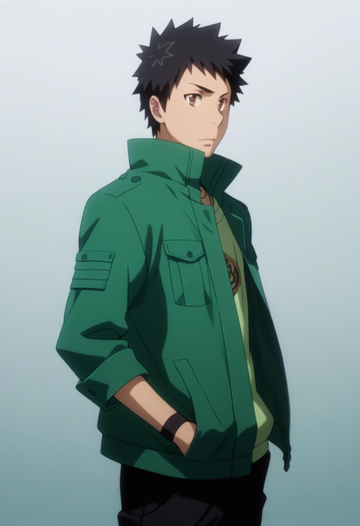 score_9, score_8_up, score_7_up, score_6_up, highly detailed, masterpiece, best quality,detailed,intricate details, amazing quality, best aesthetic, absurdres, takeshi yamamoto, black hair, brown eyes, 1boy, solo, male focus,wristband, green jacket<lora:EMS-391483-EMS:1.000000>