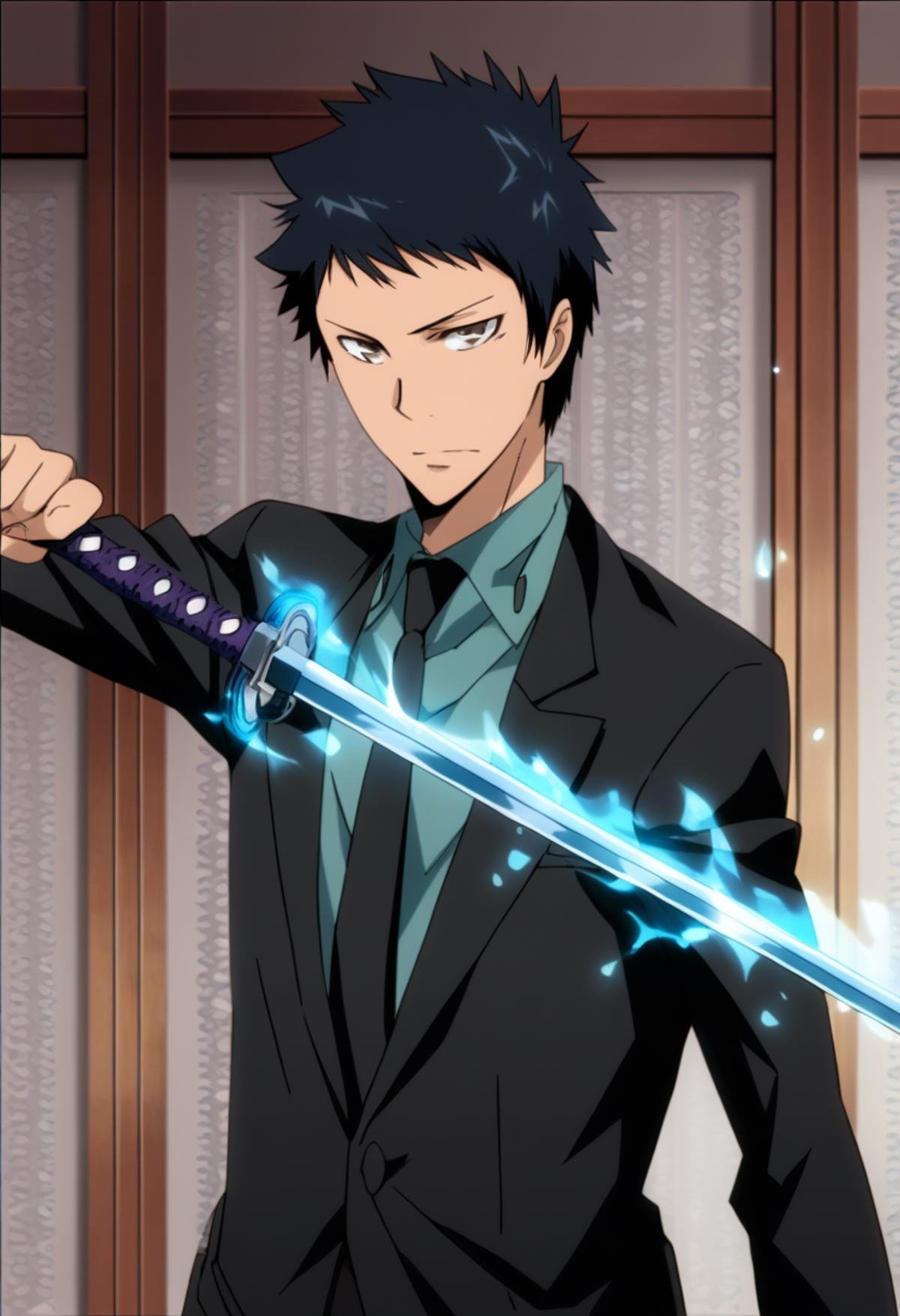 score_9, score_8_up, score_7_up, score_6_up, highly detailed, masterpiece, best quality,detailed,intricate details, amazing quality, best aesthetic, absurdres,source_anime, yamamoto_tyl, black hair, brown eyes, 1boy, weapon, male focus, sword, solo, necktie, formal, suit, katana, , sword, (((blue flames on sword)))<lora:EMS-391483-EMS:1.000000>