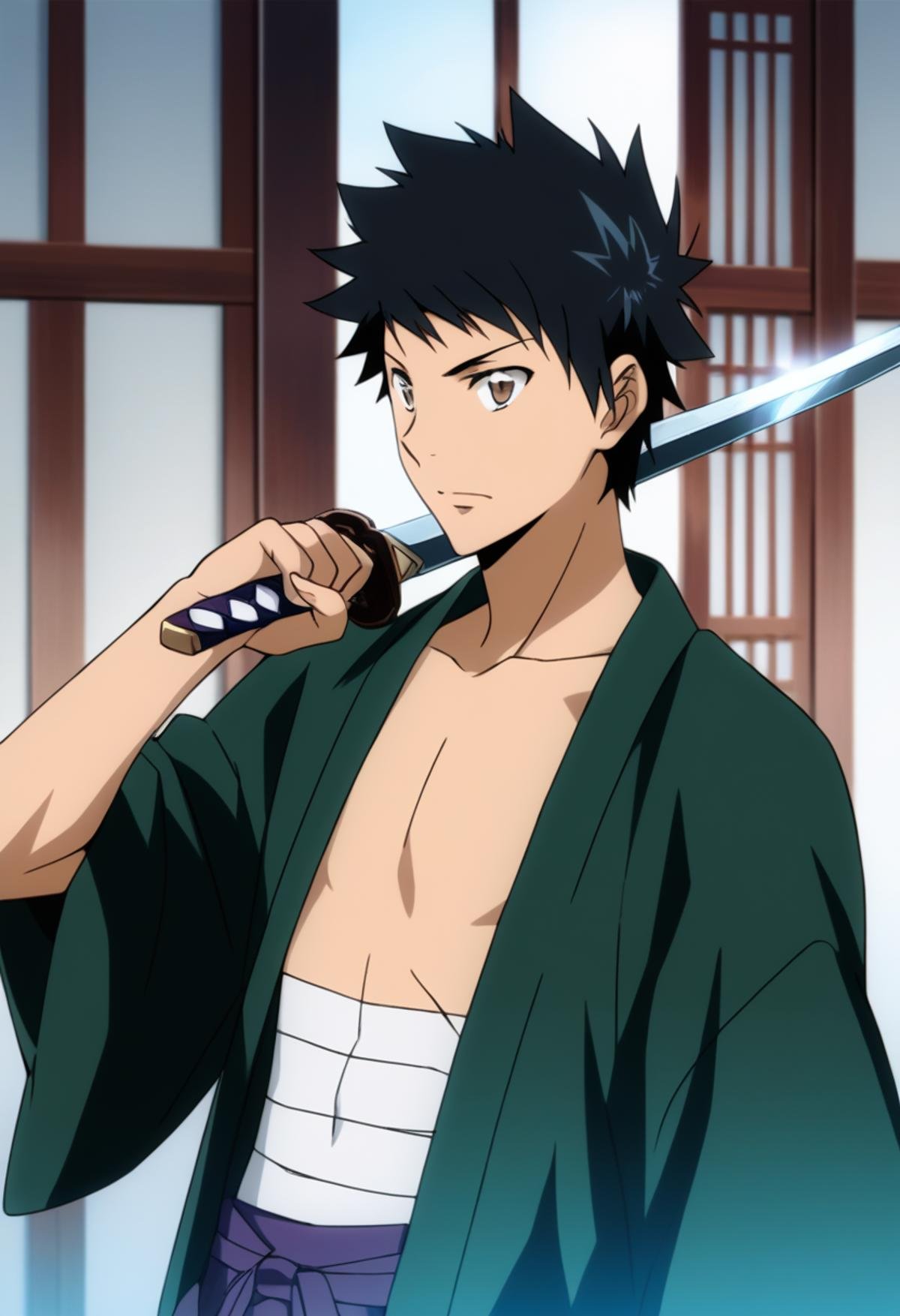 score_9, score_8_up, score_7_up, score_6_up, highly detailed, masterpiece, best quality,detailed,intricate details, amazing quality, best aesthetic, absurdres,source_anime, takeshi yamamoto, black hair, brown eyes, 1boy, sword, weapon, male focus, japanese clothes, solo, ((sarashi)), shinai, hakama, midriff sarashi, kimono, hakama skirt<lora:EMS-391483-EMS:1.000000>