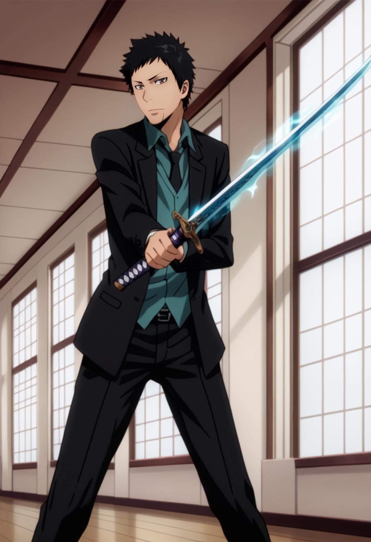 score_9, score_8_up, score_7_up, score_6_up, highly detailed, masterpiece, best quality,detailed,intricate details, amazing quality, best aesthetic, absurdres,yamamoto_tyl, black hair, brown eyes, 1boy, weapon, male focus, sword, solo, necktie, formal, suit, katana, , sword, (((blue flames on sword)))<lora:EMS-391483-EMS:1.000000>