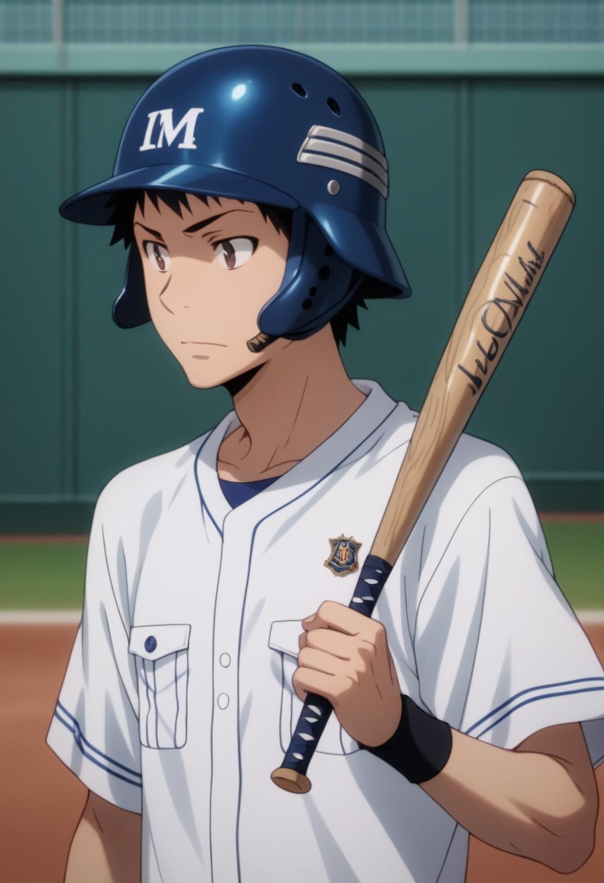 score_9, score_8_up, score_7_up, score_6_up, highly detailed, masterpiece, best quality,detailed,intricate details, amazing quality, best aesthetic, absurdres, takeshi yamamoto, black hair, brown eyes, 1boy, solo, helmet, wristband,sportswear, baseball bat<lora:EMS-391483-EMS:1.000000>