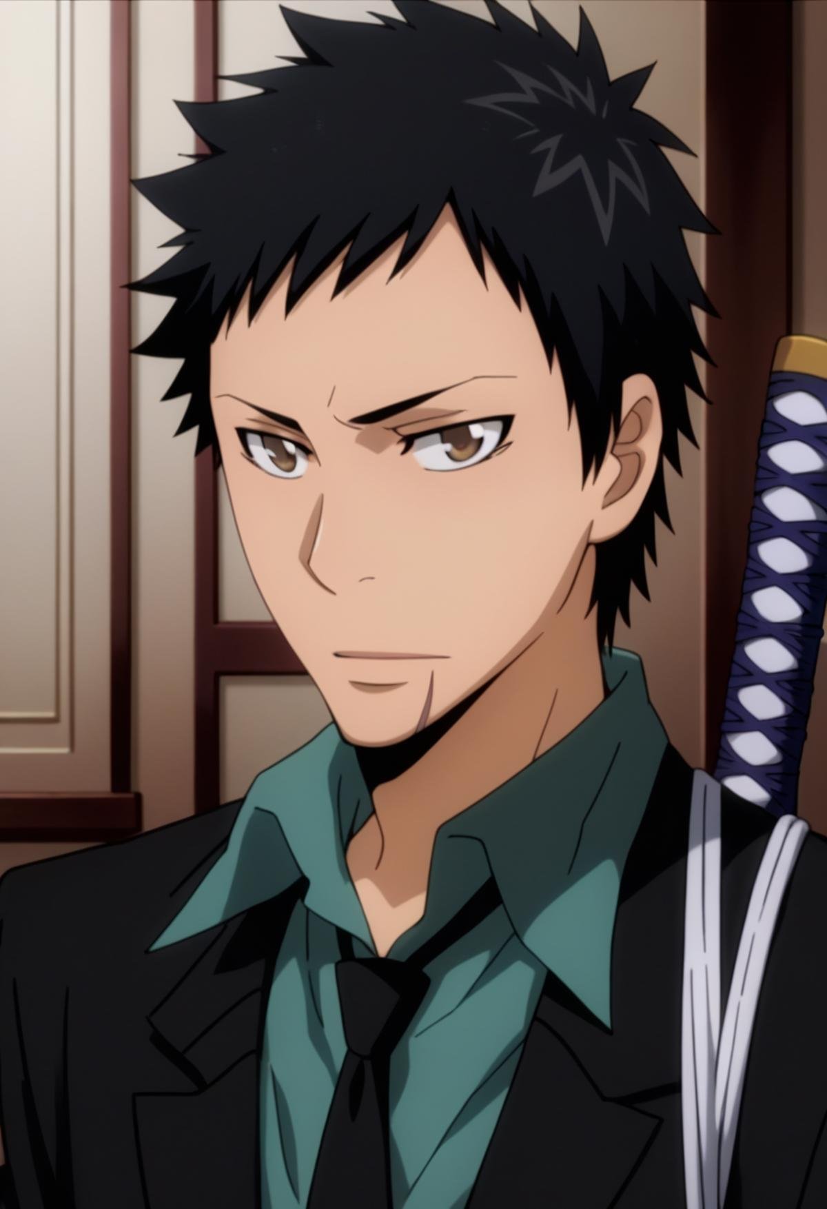 score_9, score_8_up, score_7_up, score_6_up, highly detailed, masterpiece, best quality,detailed,intricate details, amazing quality, best aesthetic, absurdres,yamamoto_tyl, black hair, brown eyes, 1boy, weapon, male focus, sword, solo, necktie, formal, suit, katana, ((scar on chin)) upper body<lora:EMS-391483-EMS:1.000000>