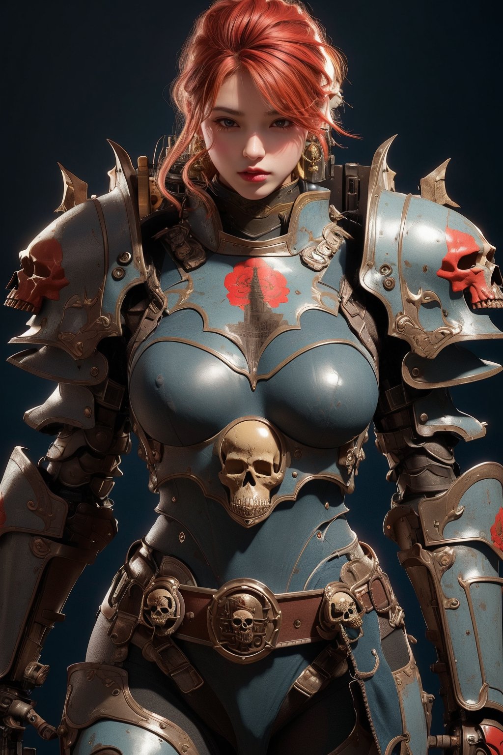 busty and sexy girl, 8k, masterpiece, ultra-realistic, best quality, high resolution, high definition. WEARING HEAVY ARMOR, The armor is adorned with intricate patterns, including a skull motif on the belt, intricate patterns, and mechanical elements