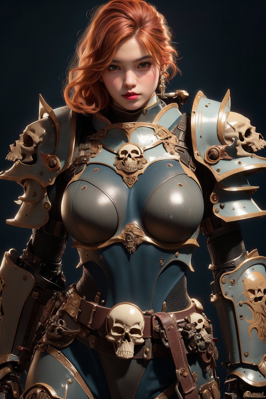 busty and sexy girl, 8k, masterpiece, ultra-realistic, best quality, high resolution, high definition. WEARING HEAVY ARMOR, The armor is adorned with a skull motif and intricate patterns, including a skull motif on the belt, intricate patterns, and mechanical elements