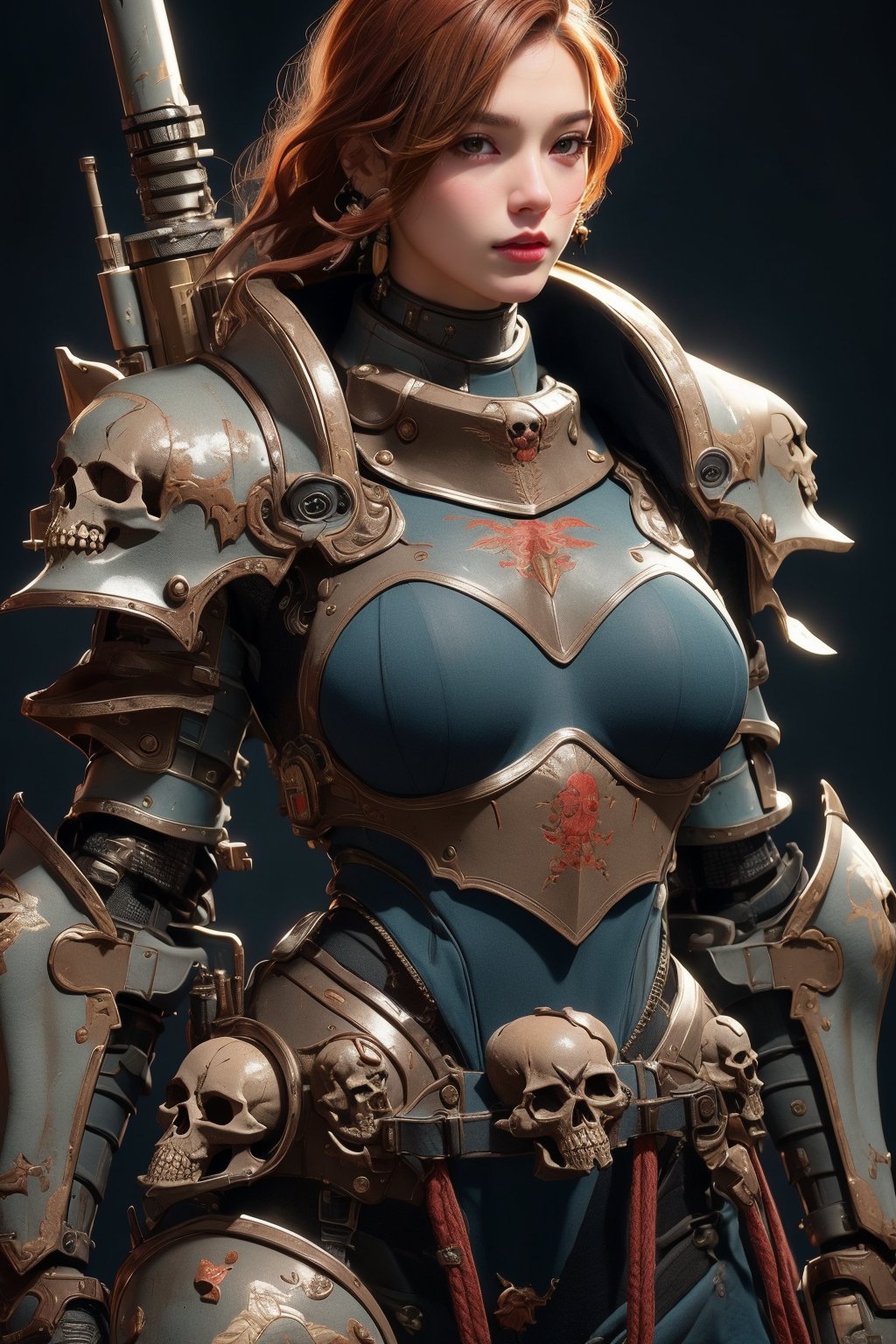 busty and sexy girl, 8k, masterpiece, ultra-realistic, best quality, high resolution, high definition. WEARING HEAVY ARMOR, The armor is adorned with intricate patterns, including a skull motif on the belt, intricate patterns, and mechanical elements