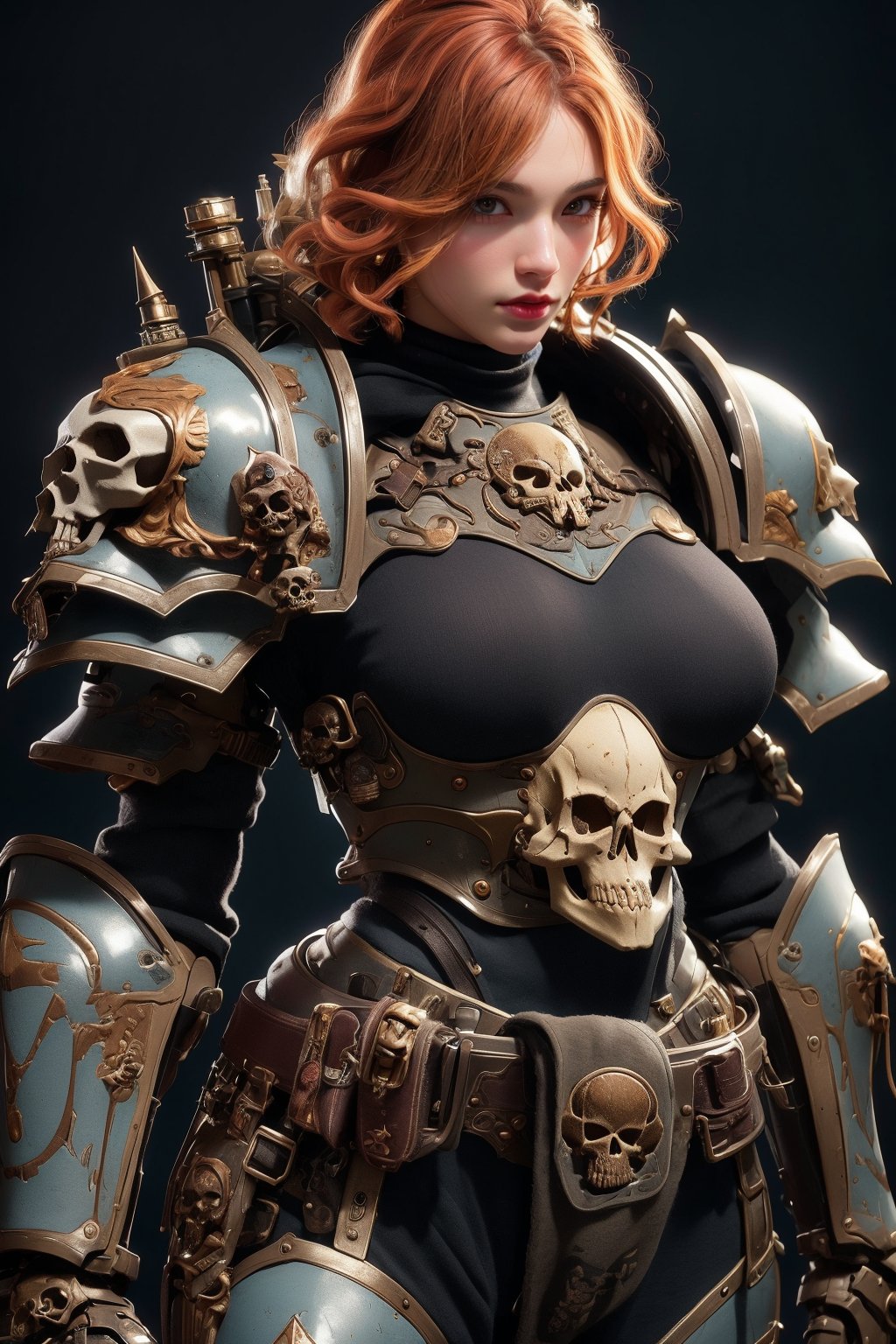 busty and sexy girl, 8k, masterpiece, ultra-realistic, best quality, high resolution, high definition. WEARING HEAVY ARMOR, The armor is adorned with a skull motif and intricate patterns, including a skull motif on the belt, intricate patterns, and mechanical elements