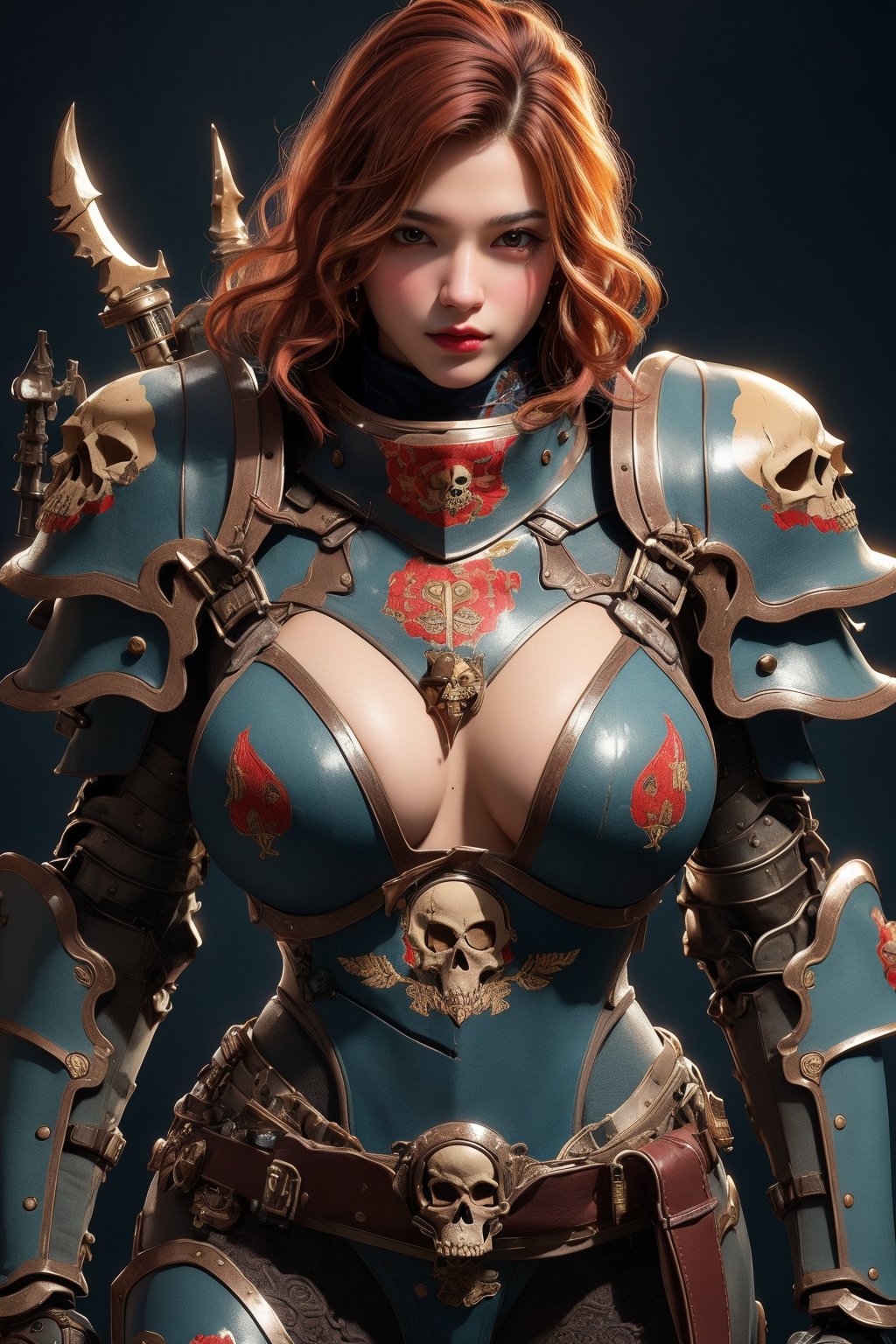 busty and sexy girl, 8k, masterpiece, ultra-realistic, best quality, high resolution, high definition. WEARING HEAVY ARMOR, The armor is adorned with intricate patterns, including a skull motif on the belt, intricate patterns, and mechanical elements