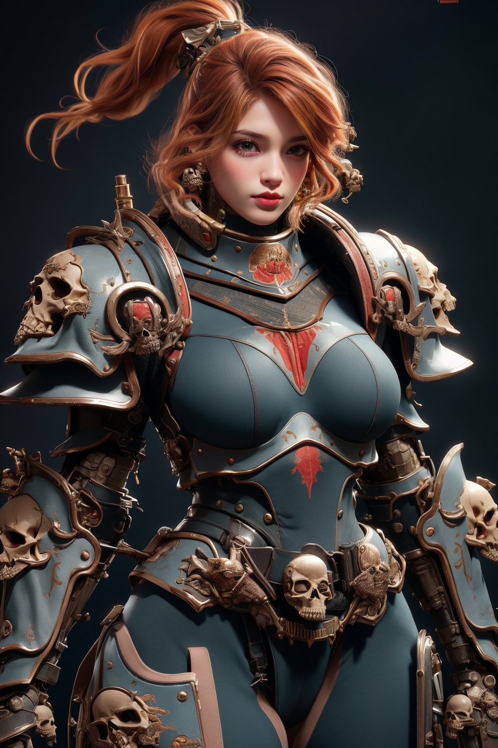 busty and sexy girl, 8k, masterpiece, ultra-realistic, best quality, high resolution, high definition. WEARING HEAVY ARMOR, The armor is adorned with intricate patterns, including a skull motif on the belt, intricate patterns, and mechanical elements