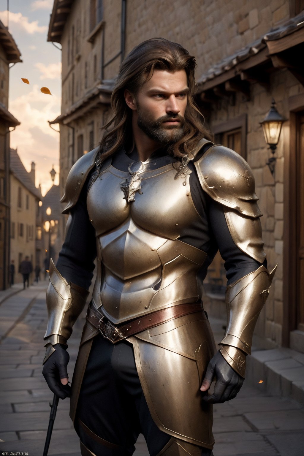 Tristan, the gallant knight, stands resolute against a serene medieval village backdrop, spring's gentle warmth illuminating his well-rendered armor and brown locks. Whiskers framing his chiseled features, 'jaeggernawt' exudes firm focus as he assumes a dramatic pose, pale complexion aglow with an intense softglow. Delicate petals fall softly in the background, while the camera's dynamic view captures the poetic, romantic essence of this masterpiece. Source Filmmaker (SFM) renders this UHD image in vivid, classic realism.,jaeggernawt