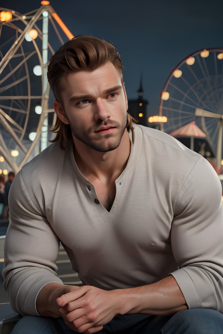 Here's a prompt for you:

Jaeggernawt, a stunningly handsome 27-year-old English actor, sits confidently in a nighttime amusement park setting, illuminated by a softglow that accentuates his pale complexion. His medium-brown mullet and masculine messy hair frame his strong features, while his intense gaze directly engages the viewer. He's dressed in trendywear, with a shirt that showcases his broad shoulders. The DSLR camera captures him at 75mm, with an aperture of f/1.4 to create a breathtakingly shallow bokeh, emphasizing depth and dimensionality. A masterpiece of realism, this UHD portrait is sure to impress.