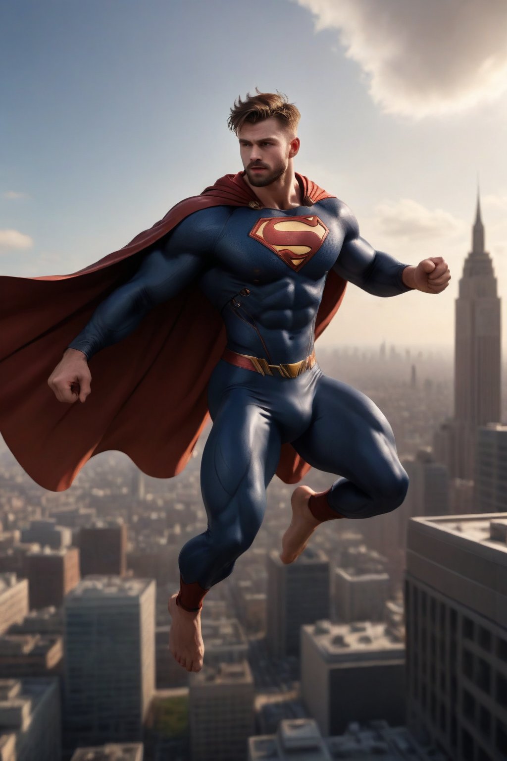 Jaeggernawt, a 27-year-old Englishman, soars through the air with dynamic flair, his muscular physique evident beneath his cape. Brown short hair and facial hair are tousled by wind as he gazes upwards, his eyes fixed on some distant goal. The side camera view frames him majestically against a blurred cityscape and zenith, bathed in dramatic backlighting that accentuates his heroic pose. Special effects render the scene with cinematic panache, imbuing the image with vibrant color and realistic texture.