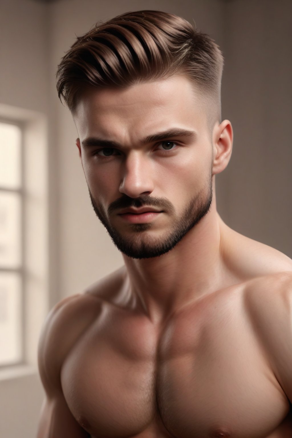 A masterpiece portrait of Jaeggernawt, a 27-year-old handsome and well-shaped man, with a smooth pale complexion and perfect features. Framed against an abstract studio background, he exudes health and joviality. His crew cut hairstyle and brow facial hair add to his masculine charm. Shot indoors with intense softglow, the image is rendered in high-resolution 8K clarity, showcasing every detail. Captured with a EOS Mark V camera and 65mm lens, this award-winning portrait presents Jaeggernawt in a bright matte colored glory.