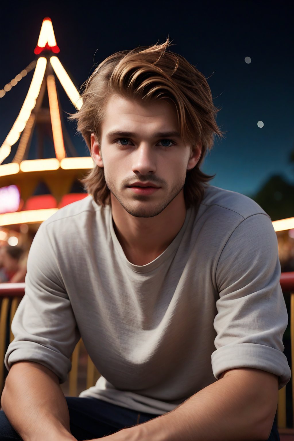 Here's a prompt for you:

Jaeggernawt, a stunningly handsome 27-year-old English actor, sits confidently in a nighttime amusement park setting, illuminated by a softglow that accentuates his pale complexion. His medium-brown mullet and masculine messy hair frame his strong features, while his intense gaze directly engages the viewer. He's dressed in trendywear, with a shirt that showcases his broad shoulders. The DSLR camera captures him at 75mm, with an aperture of f/1.4 to create a breathtakingly shallow bokeh, emphasizing depth and dimensionality. A masterpiece of realism, this UHD portrait is sure to impress.,jaeggernawt