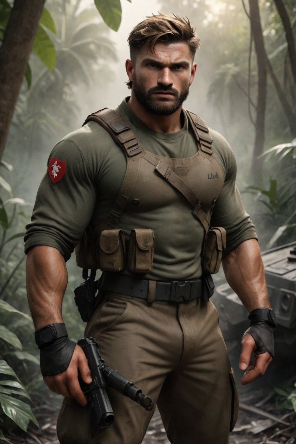 A rugged commando ranger, Jaeggernawt, stands poised in the midst of chaos, his gaze fixed intently on some unseen threat to the side. His short, messy hair is framed by the camouflage beret, while his brown facial hair adds a touch of ruggedness. Muscular and imposing, he wears well-crafted fingerless gloves and a commando uniform that blends seamlessly into the lush jungle surroundings. The camera captures him from a dynamic side angle, with the Leica 85mm lens rendering every detail in stunning clarity. Explosions erupt in the distance, their fiery aftermath illuminated by cinematic bokeh lighting effects in dramatic backlighting. Turbulent daylighting casts a sense of urgency over the scene, as Jaeggernawt readies himself for action in this epic and entertaining guerrilla commando movie-inspired masterpiece.