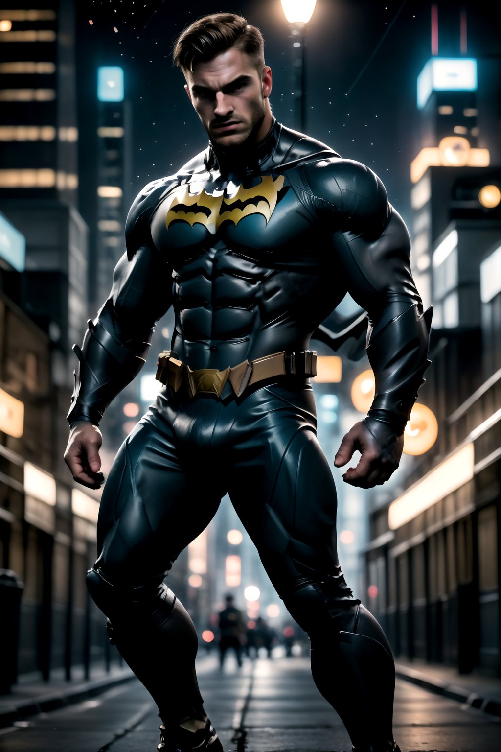 my favorite image of a man, realistic, jaeggernawt, 26yearold, English, masculine medium hair, bokeh, highres image scan, only his dynamic pose inspired by batman,  centrefold, no crop