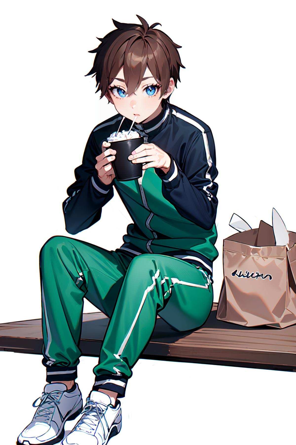 masterpiece, perfectly detailed, detailed face, detailed eyes, beautiful eyes, track_jacket, TJ_Kazuma_TYPE, 1boy, male focus, sitting, sanpaku, brown hair, white background, short hair, table, track jacket, food, green pants, simple background, paper bag, looking at viewer, track suit, jitome, long sleeves, full body, holding, eating, white footwear, satou kazuma, cup, track pants, green jacket, drinking straw in mouth<lora:EMS-335272-EMS:1.000000>