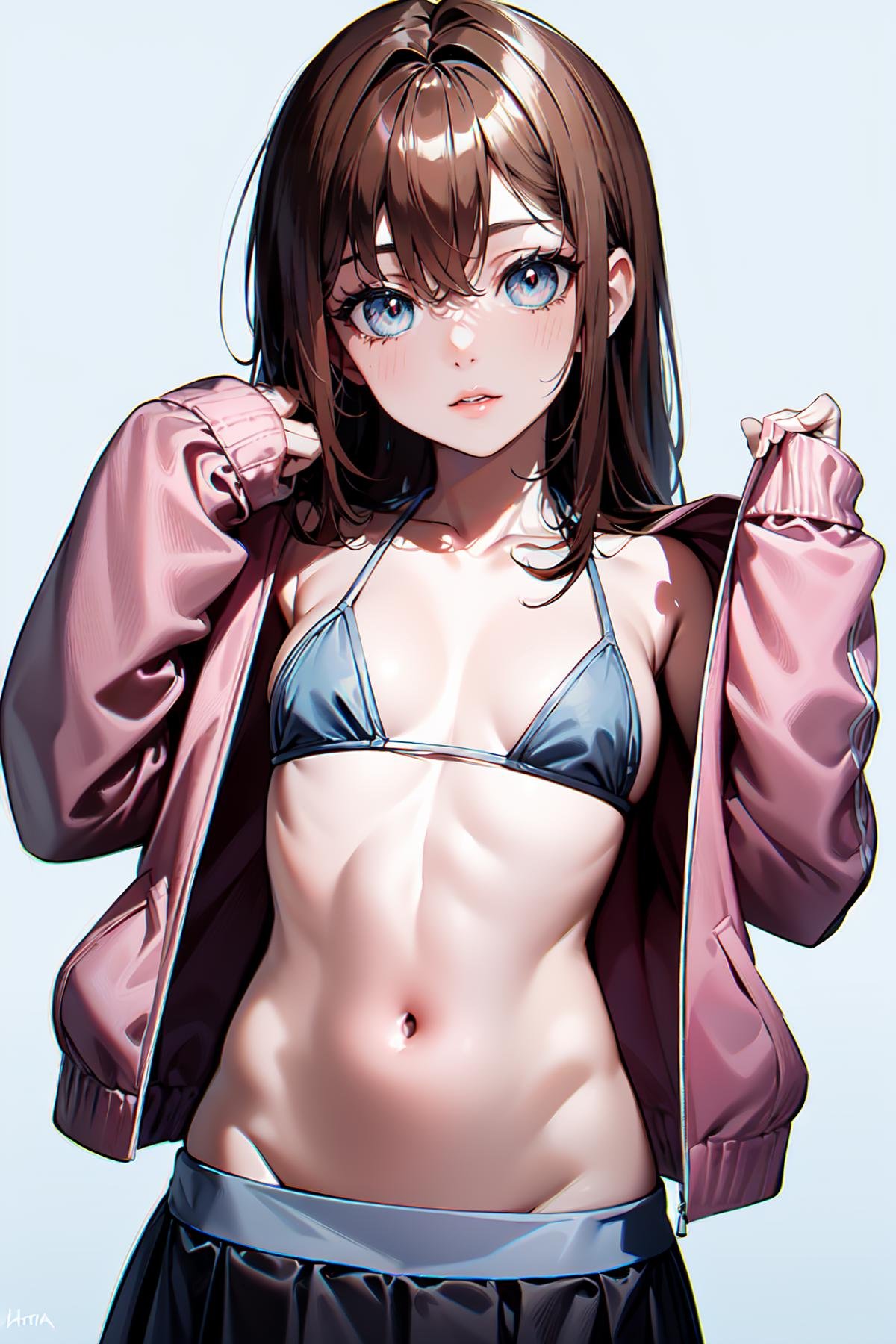 masterpiece, perfectly detailed, detailed face, detailed eyes, beautiful eyes, track_jacket, TJ_Hitori_TYPE, 1girl, green eyes, navel, pleated skirt, smile, sleeves past wrists, white background, simple background, pink jacket, long hair, black skirt, :d, open clothes, arm up, long sleeves, open jacket, looking at viewer, blush, track jacket, swimsuit, bangs, open mouth, brown hair, white bikini, two side up, collarbone, one side up, flat chest, bikini top only, puffy sleeves<lora:EMS-335272-EMS:1.000000>