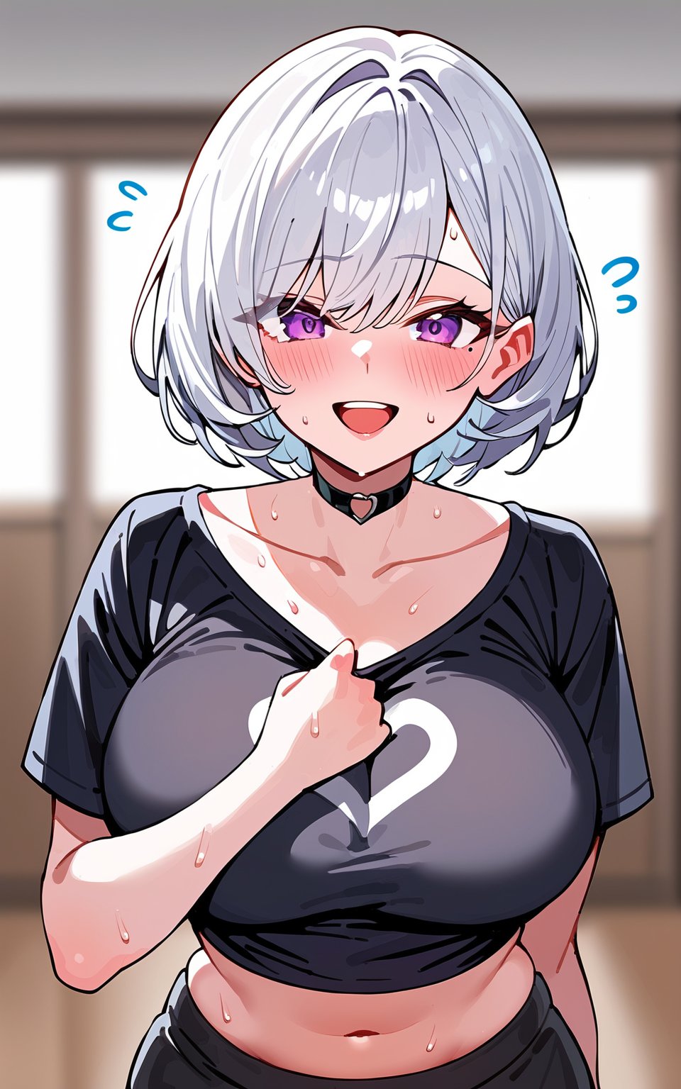 score_9,score_8_up,score_7_up, 1girl,looking at viewer,blush,smile,short hair,open mouth,bangs,shirt,navel,purple eyes,collarbone,upper body,white hair,short sleeves,heart,sweat,teeth,choker,midriff,indoors,stomach,mole,crop top,black shirt,mole under eye,blurry background,upper teeth only,black choker,flying sweatdrops,crop top overhang,cropped shirt