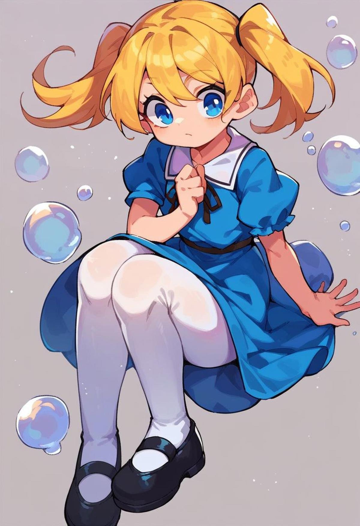 score_9, score_8_up, score_7_up, source_anime,1girl, solo, bubbles \(ppg\), blonde hair, blue eyes, twintails, blue dress, white leggings, black footwear,