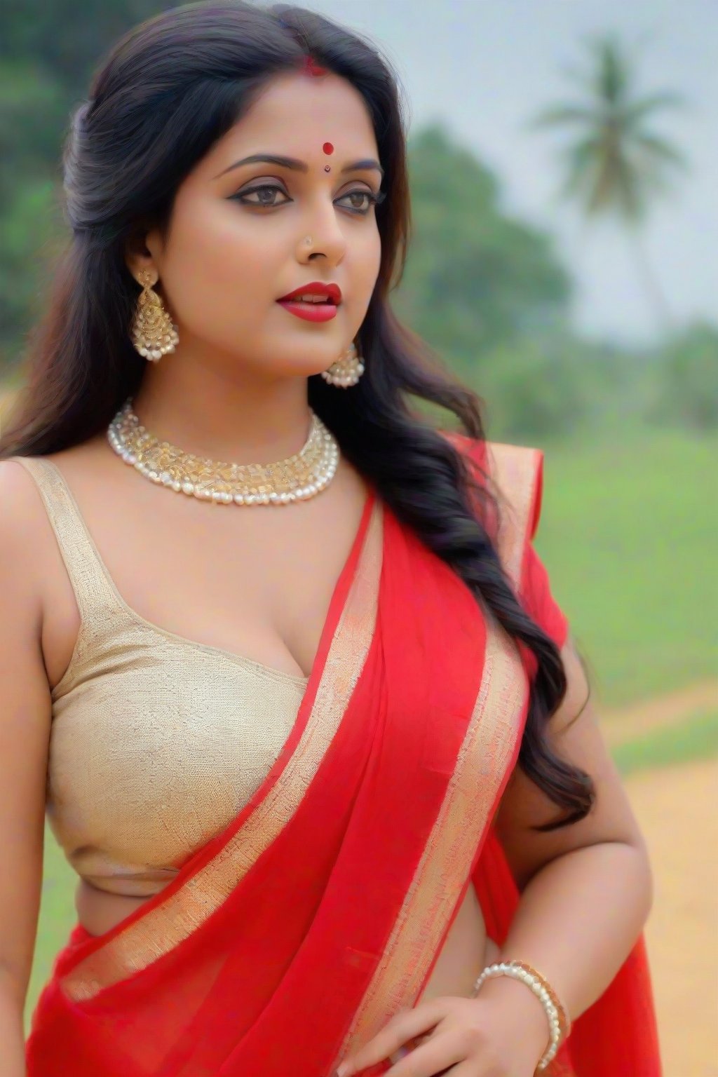 Slut look, choker, lust , (((A sultry front view of a 38-year-old plump woman wearing a stunning traditional red saree with long braided hair flowing down to her navel))). She removes the saree from her navel, exposing her big navel and posing solo-focused, looking directly at us with an alluring gaze. Her curvy figure is accentuated by the sleeveless dress and hotpants, while her big breasts are contained within the saree. A pearl necklace adorns her neck, complemented by dangling earrings and a bracelet. Her lips pout slightly as she gazes directly at us, her eyes like perfect pearls captivating our attention. The blurry background features a ground vehicle in the distance, but all focus is on this curvy beauty.,Saree ,Big eyes 