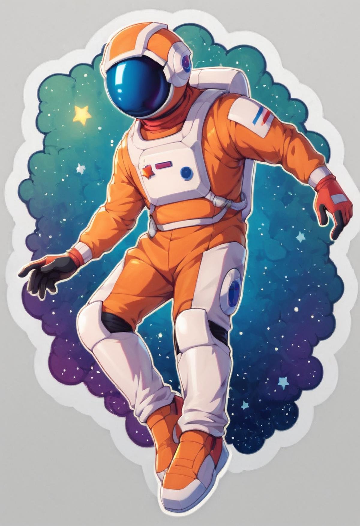 masterpiece,best quality, highly detailed, score_9, score_8_up, score_7_up, score_6_up,<lora:xl_more_art-full_v1:0.8>,BREAK <lora:stickers:1>stickers, outline,spacesuit, solo, astronaut, star (sky), male focus, space helmet, space, full body, 1boy, gloves