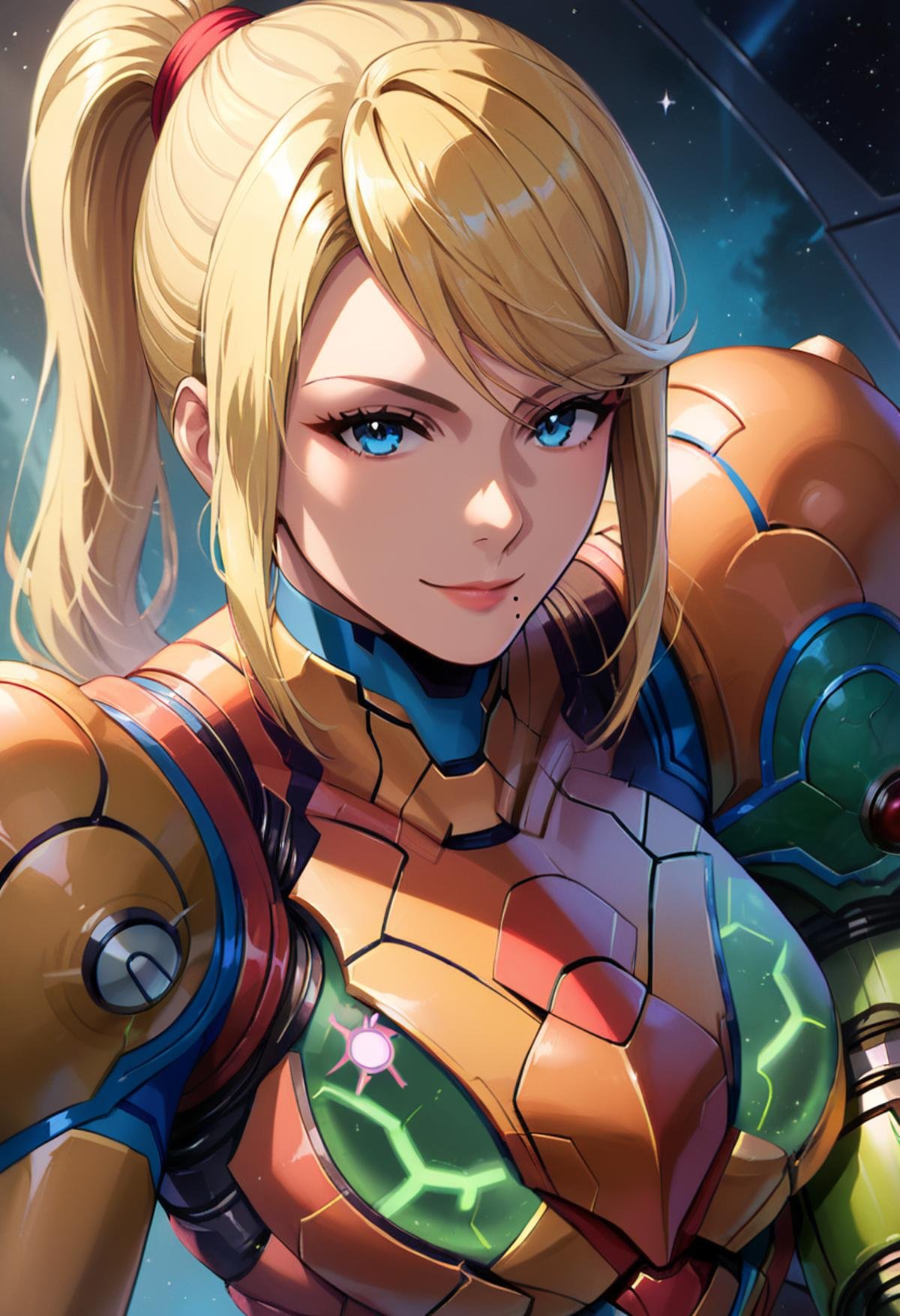 masterpiece,best quality, highly detailed, score_9, score_8_up, score_7_up, score_6_up,<lora:xl_more_art-full_v1:0.8>,source_AnimeBREAK<lora:samus:0.8>samus,1girl, weapon, samus aran, power suit (metroid), blonde hair, arm cannon, blue eyes, ponytail, solo, power suit, looking at viewer, armor, long hair, mole, mole under mouth, power armor, gun, bangs, sidelocks, smile