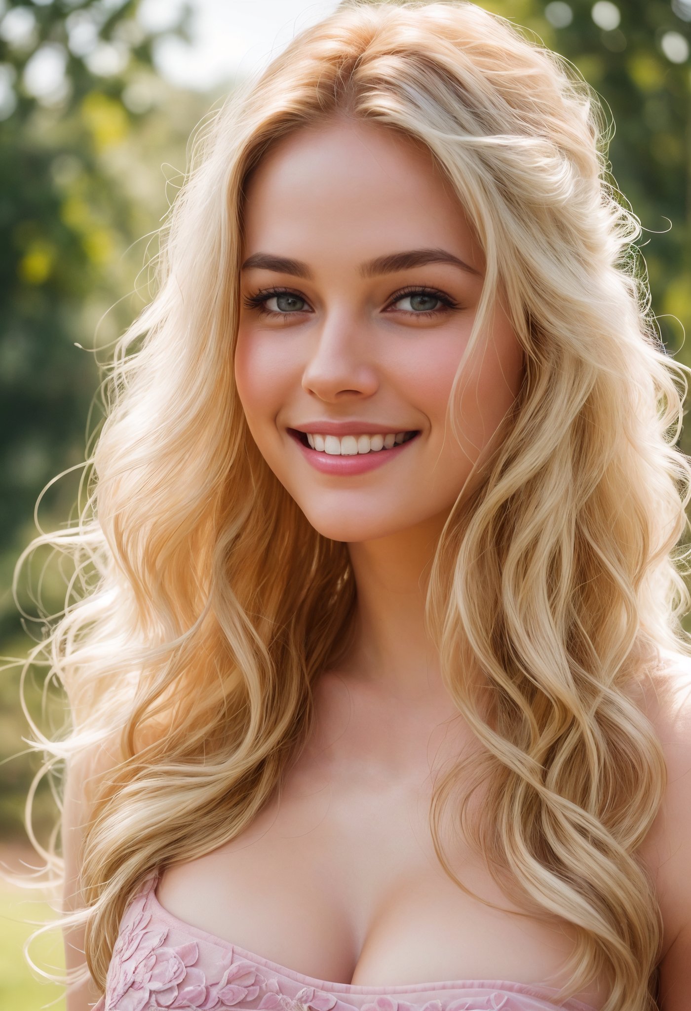 stunningly beautiful   (((extremely innocent face ))), wild hair, ((best quality)), ((masterpiece)), (detailed),   highly detailed HDR photo, 8k quality, best quality, high resolution ultra photorealistic, high definition, highly detailed photo, photon mapping, dynamic angle, professional lighting, highly detailed face and body,expressive eyes, perfectly detailed face, smile, gorgeous face,  real skin details, soft skin,   looking at viewer,                 


raw, photorealistic, real, perfect skin, real skin, realistic photo of a mid body shot,  ,  extremely innocent face, very  beautiful,


cheerful, laughing, clever naughty smile, , she is wearing a loose pink gown,


she smile like gentle love goddess, very long tresses, blonde hair, brown hair, expressive face,


 