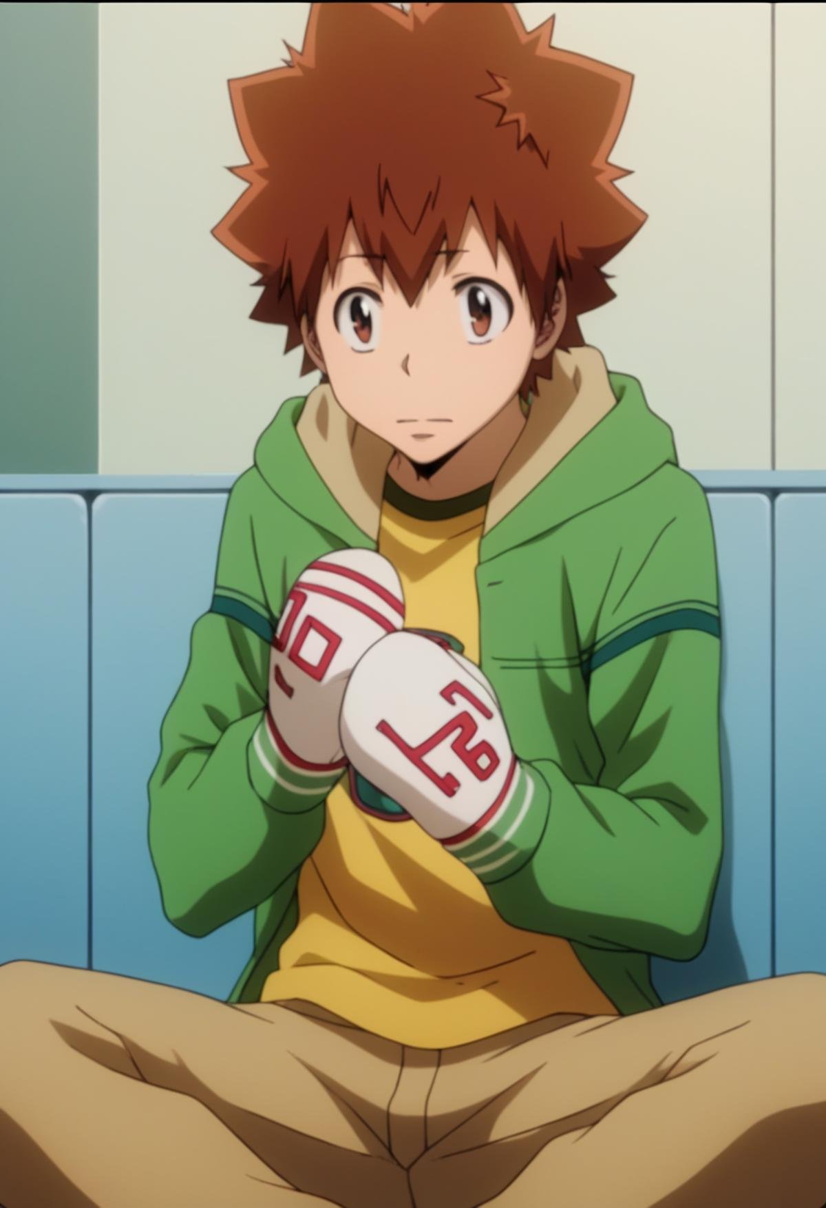 score_9, score_8_up, score_7_up, score_6_up, highly detailed, masterpiece, best quality,detailed,intricate details, amazing quality, best aesthetic, absurdres, tsunayoshi sawada, brown hair, brown eyes, green hoddie, yellow shirt, brown pants, 1boy, male focus, solo, hood, spiked hair, hoodie, mittens<lora:EMS-391553-EMS:1.000000>