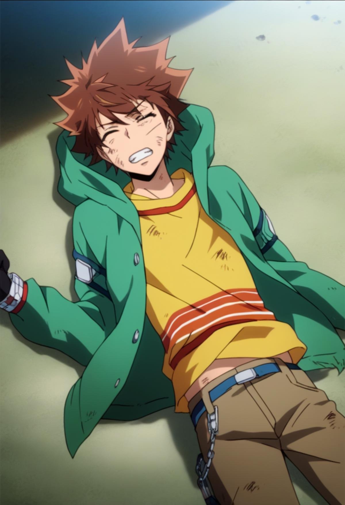 score_9, score_8_up, score_7_up, score_6_up, highly detailed, masterpiece, best quality,detailed,intricate details, amazing quality, best aesthetic, absurdres,tsuna_hyper, brown hair, orange eyes, flame on hands, 1boy, male focus, closed eyes, solo, hoodie, hood, black gloves, green hoddie, yellow shirt, brown pants, lying, teeth, on back, defeated, face mark, pain, dirty, bruises<lora:EMS-391553-EMS:1.000000>