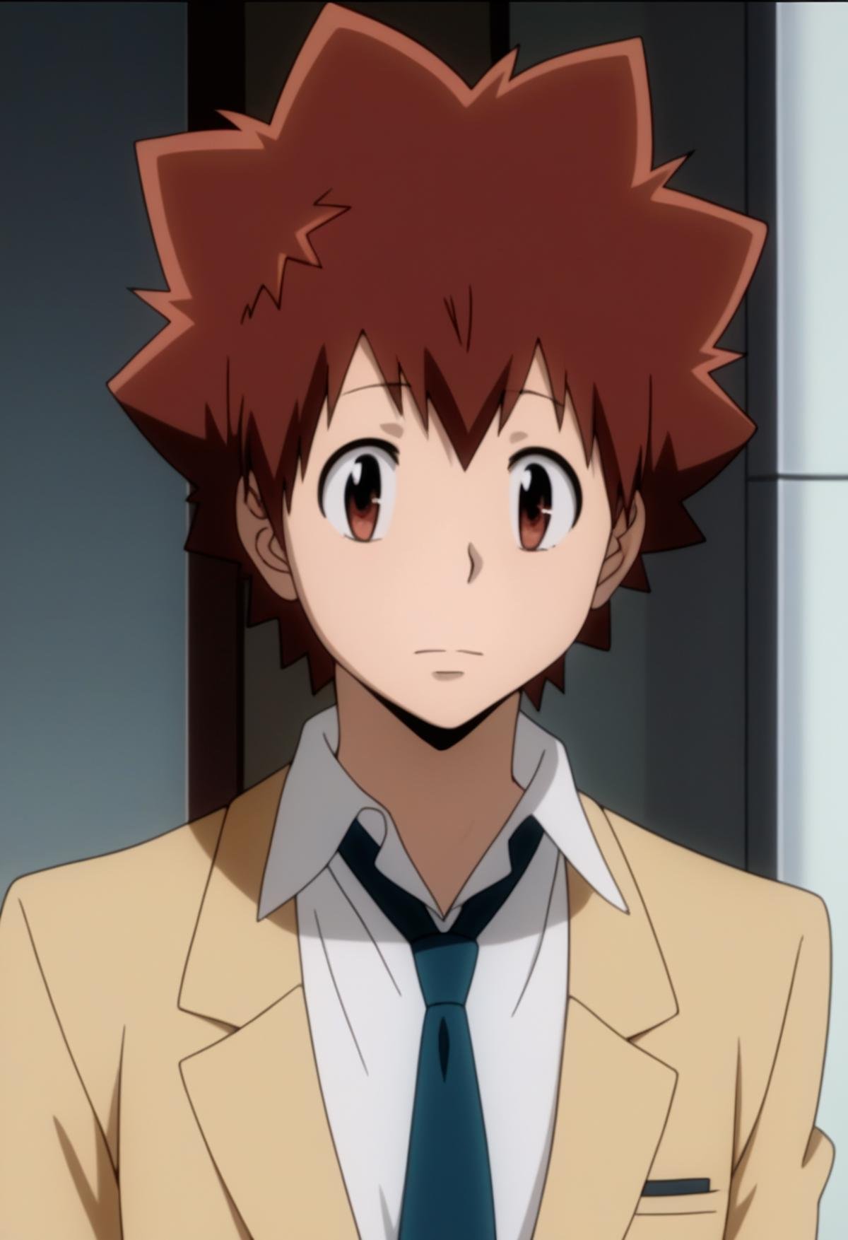 score_9, score_8_up, score_7_up, score_6_up, highly detailed, masterpiece, best quality,detailed,intricate details, amazing quality, best aesthetic, absurdres, tsunayoshi sawada, brown hair, brown eyes, brown jacket, white shirt, blue necktie, black pants, 1boy, male focus, solo, school uniform<lora:EMS-391553-EMS:1.000000>